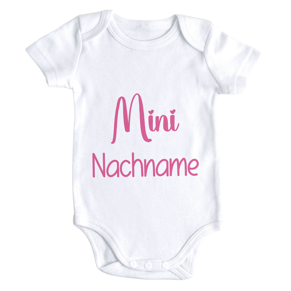 Weißer Babybody mit pinkem Aufdruck "Mini Nachname".