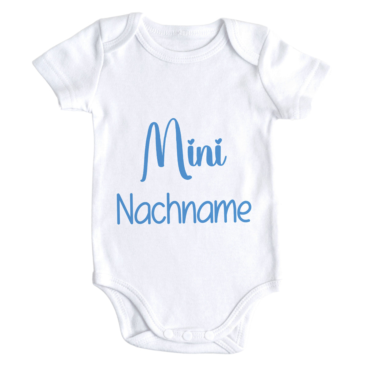Weißer Babybody mit blauem Aufdruck "Mini Nachname".