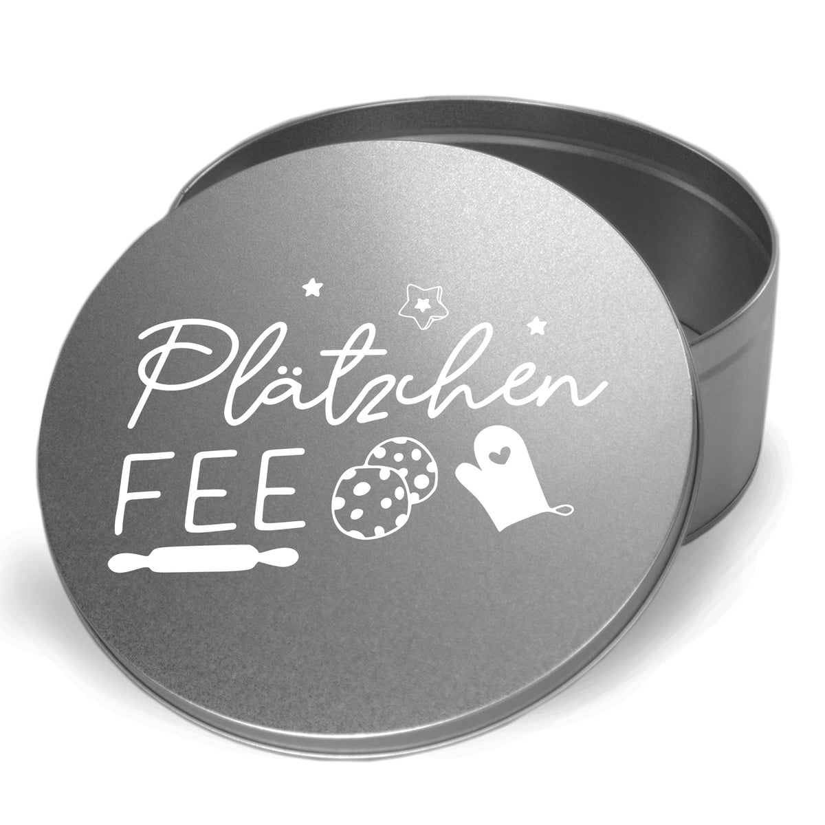 Graue Plätzchenbox mit Aufschrift "Plätzchen Fee".