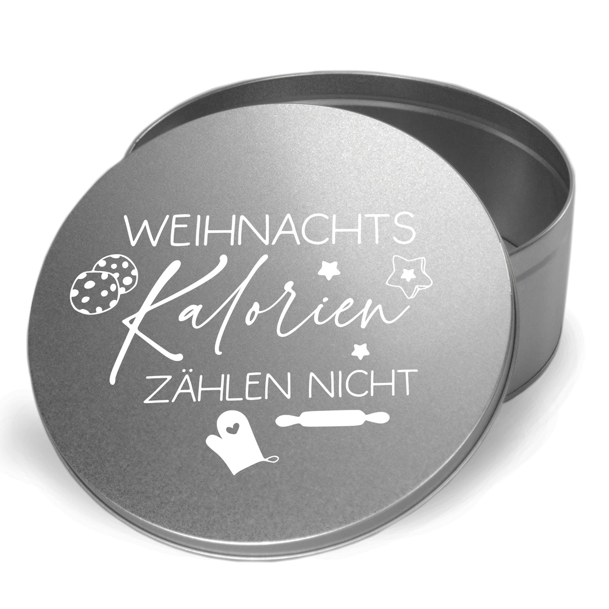 Silberne Dose mit Aufschrift "Weihnachtskalorien zählen nicht".