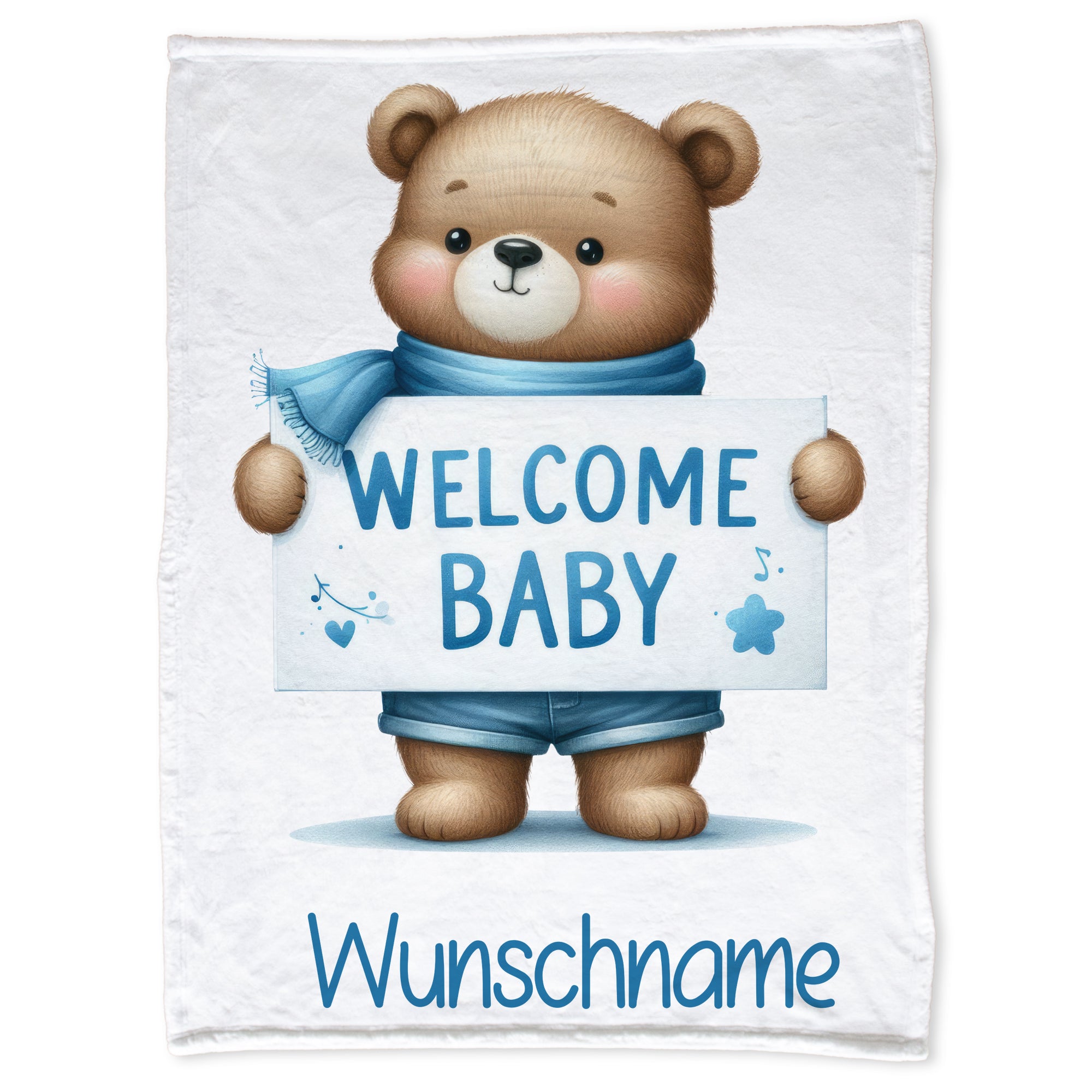 Bär mit Schild "WELCOME BABY", blaue Kleidung, personalisierbar.