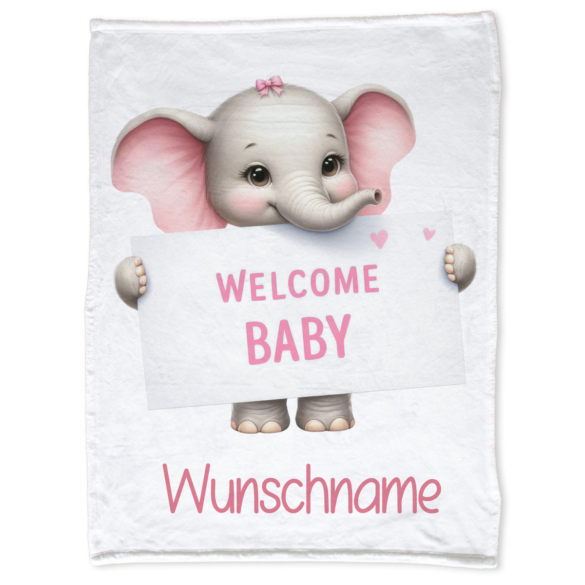 Elefant mit Schild "Welcome Baby" und personalisierbarem Text.