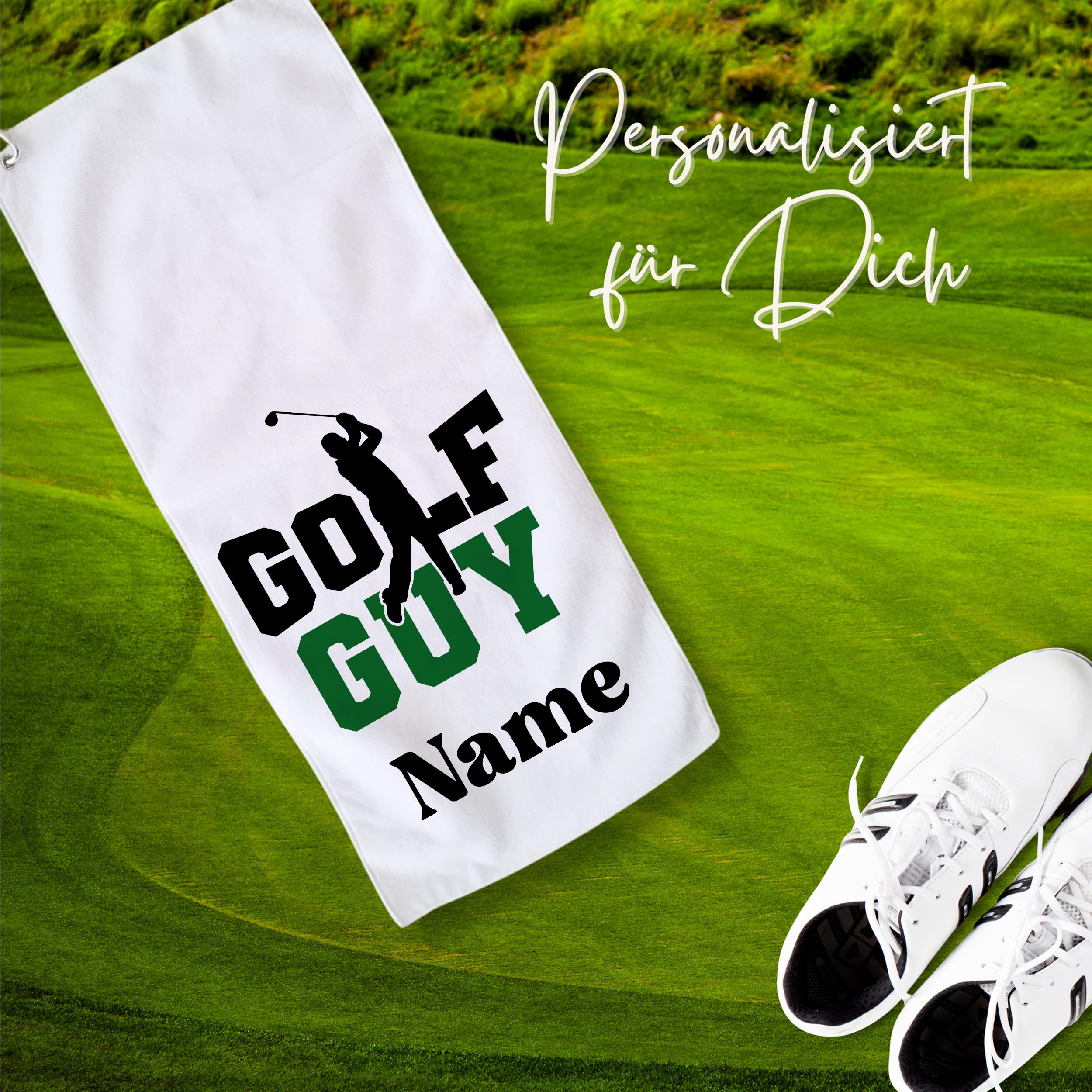 Personalisierte Golftasche in Weiß mit schwarzem und grünem Design.