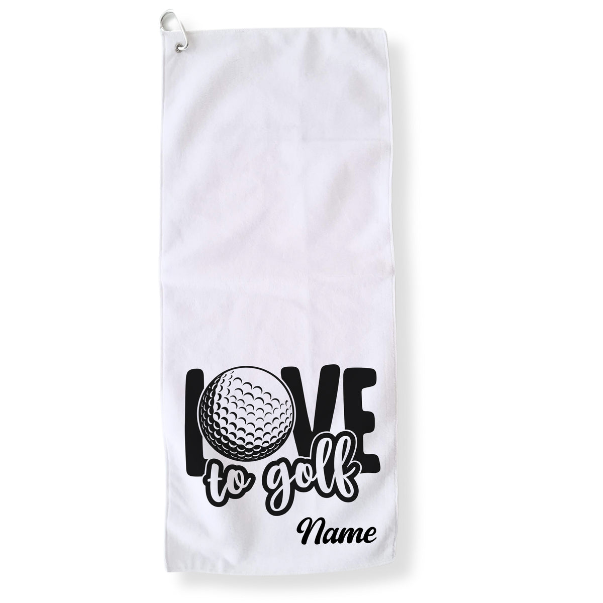 Weißes Golfhandtuch mit Aufdruck "Love to Golf" und personalisierbarem Namen.