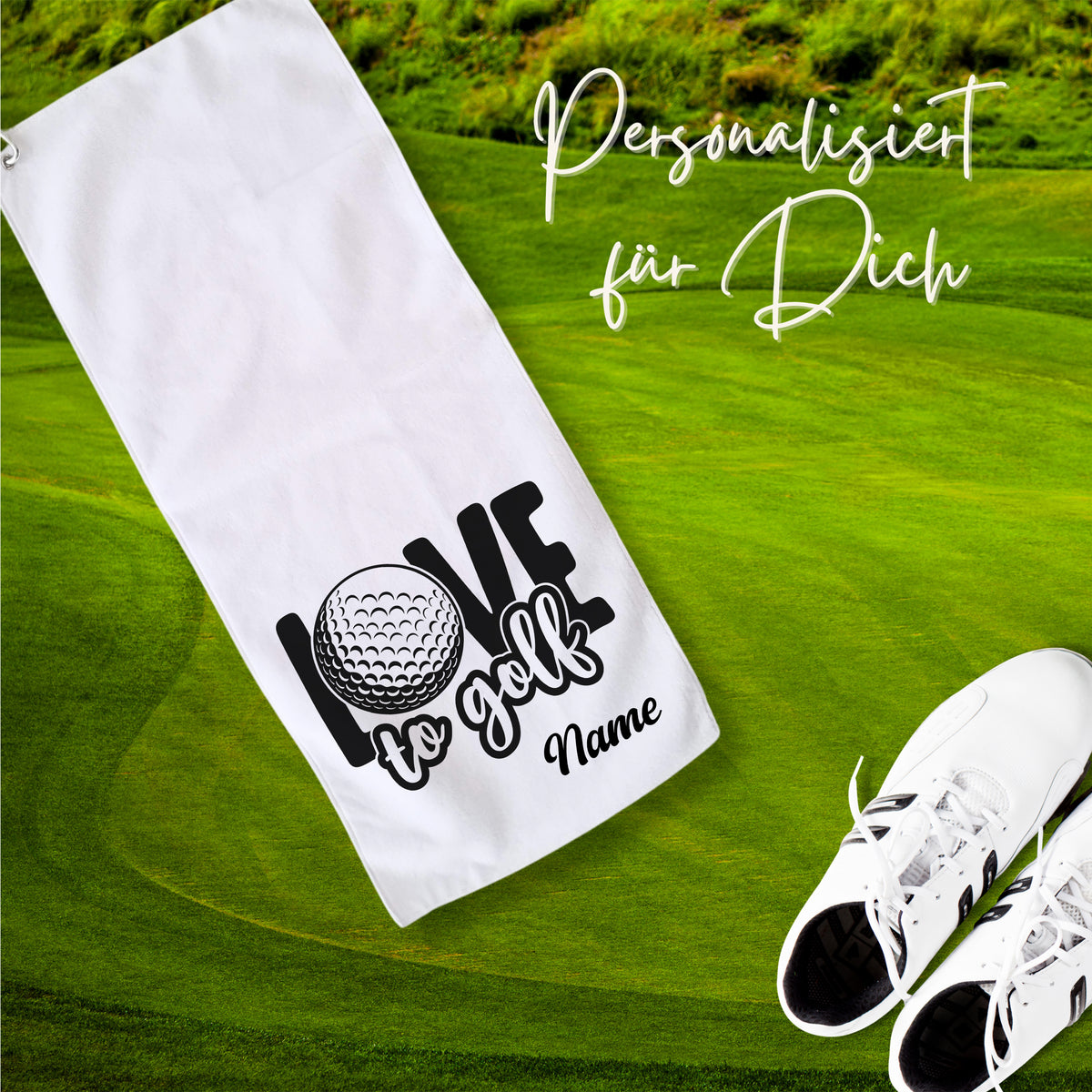Weiße Golftasche mit schwarzem Druck "Love to golf" und personalisierbarem Namen.