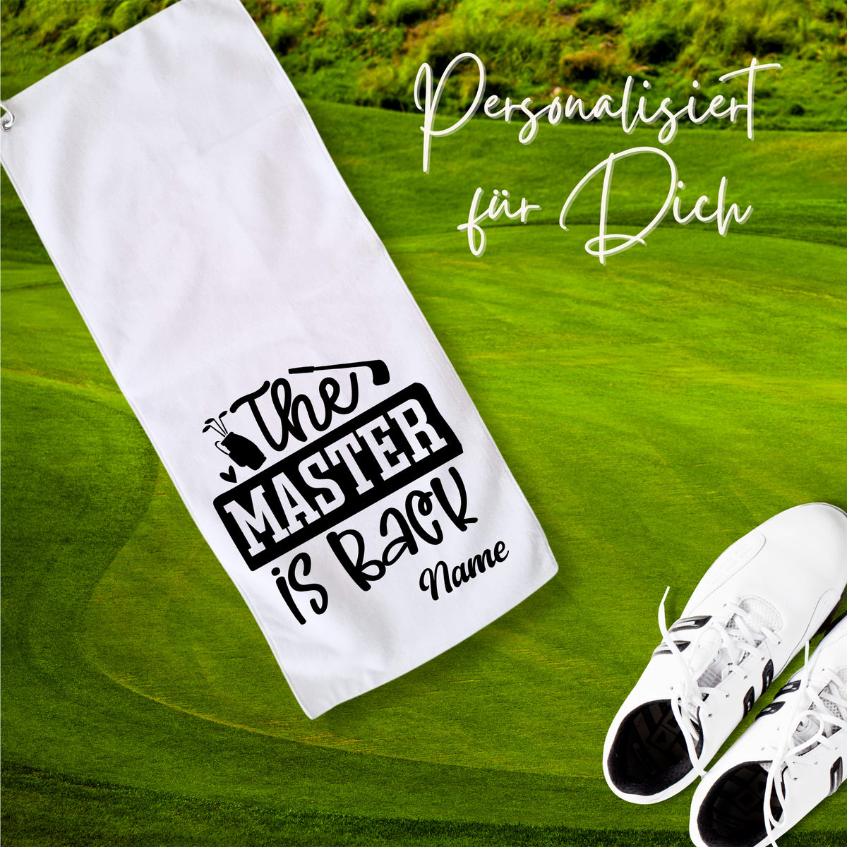 Weiße Golftasche mit schwarzem Aufdruck "The Master is Back".