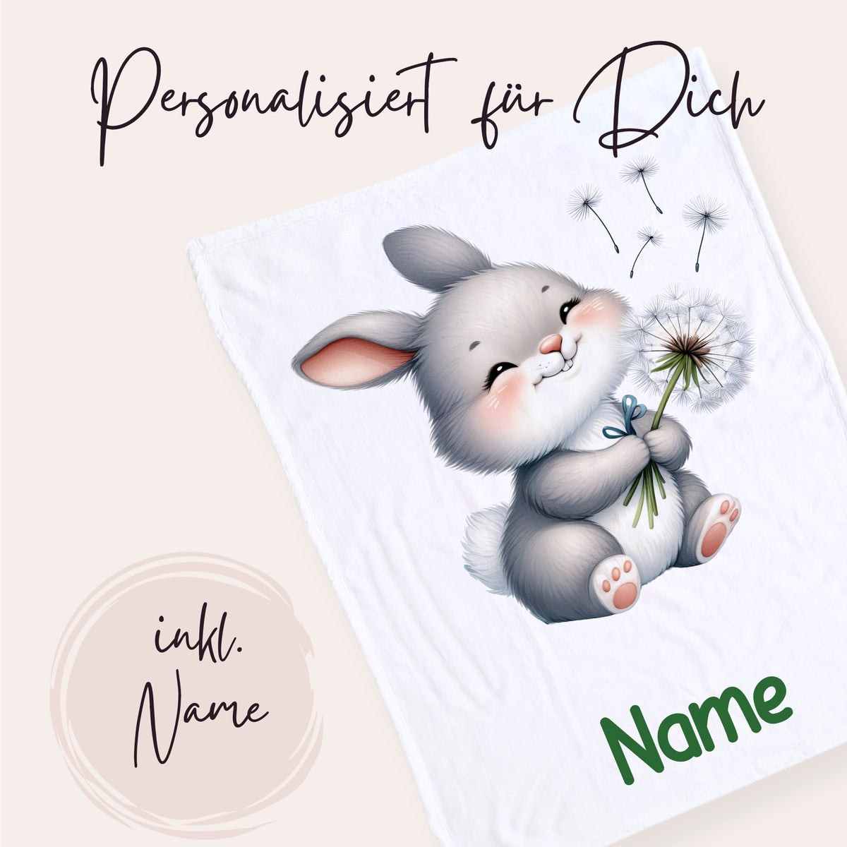 Personalisierte Decke mit grauem Hasen und Löwenzahn.