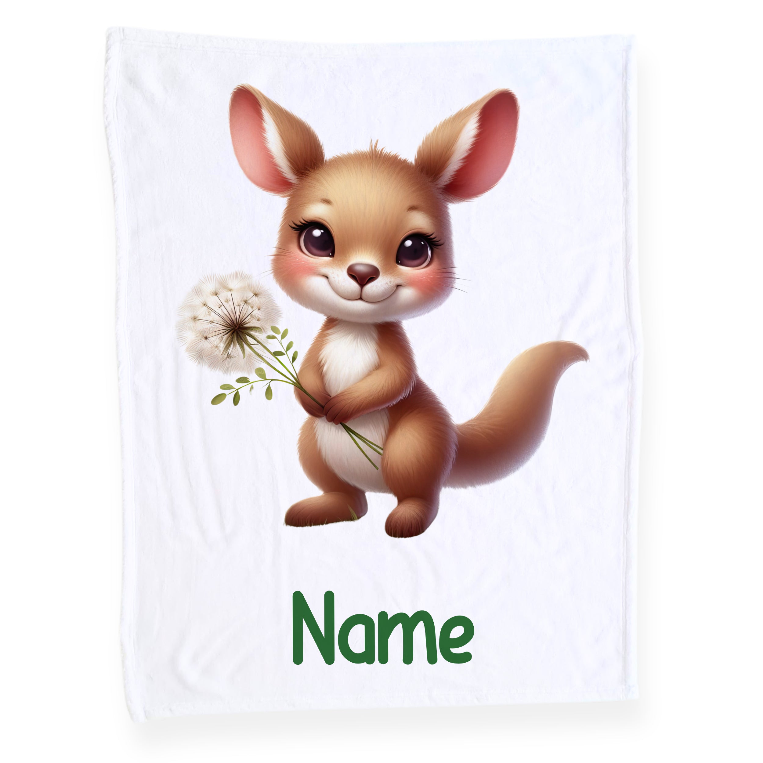 Kuscheldecke mit niedlichem Tiermotiv und personalisierbarem Namen.