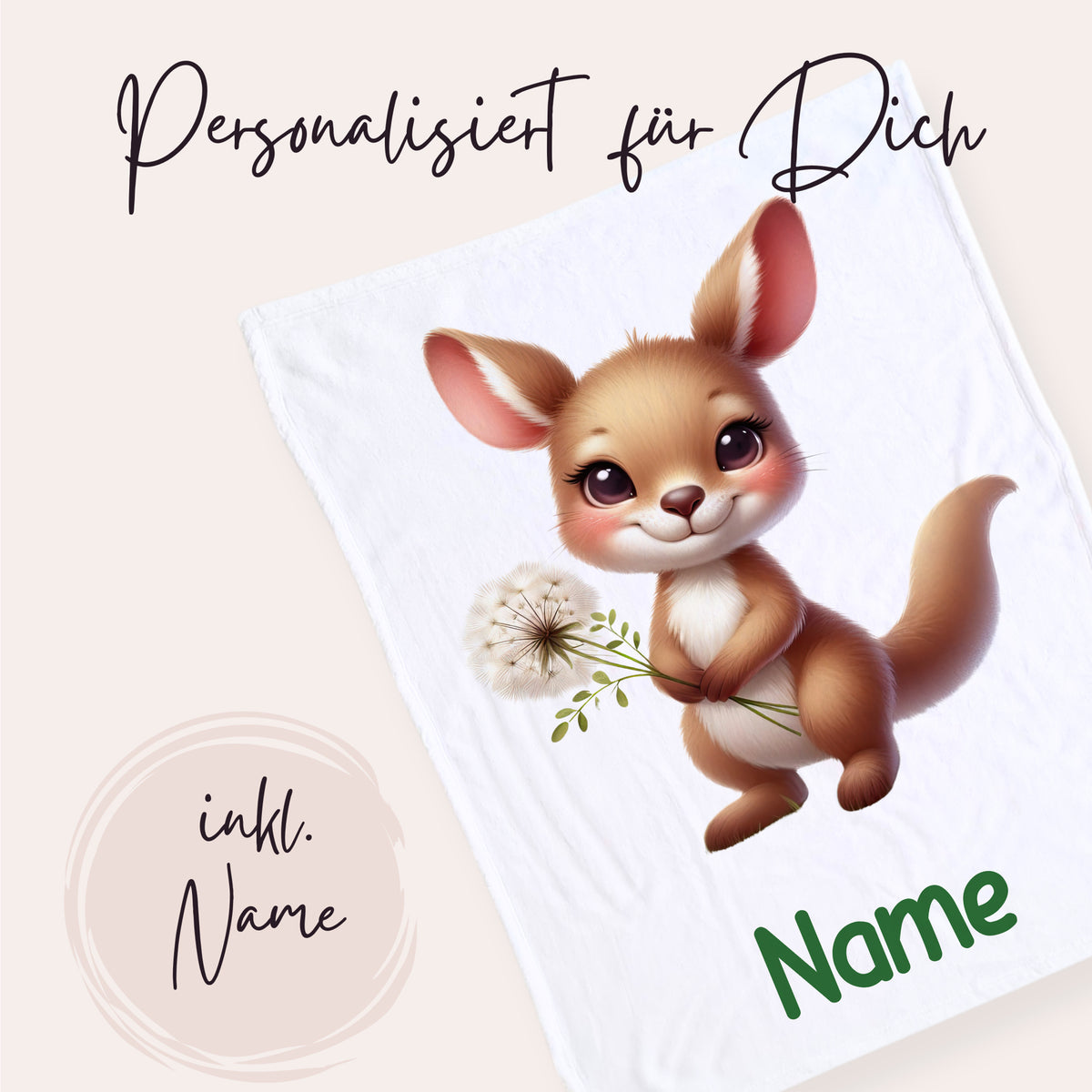 Personalisierte Decke mit niedlichem Känguru-Design in Beige.