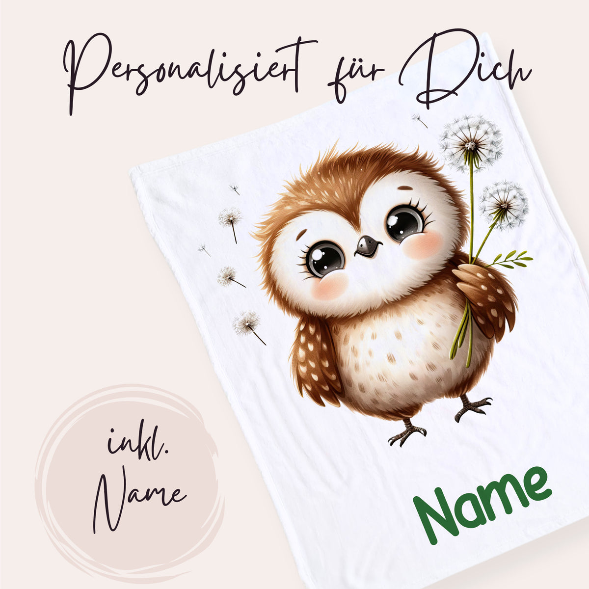 Personalisierte Decke mit Eule und Namen in Grün.