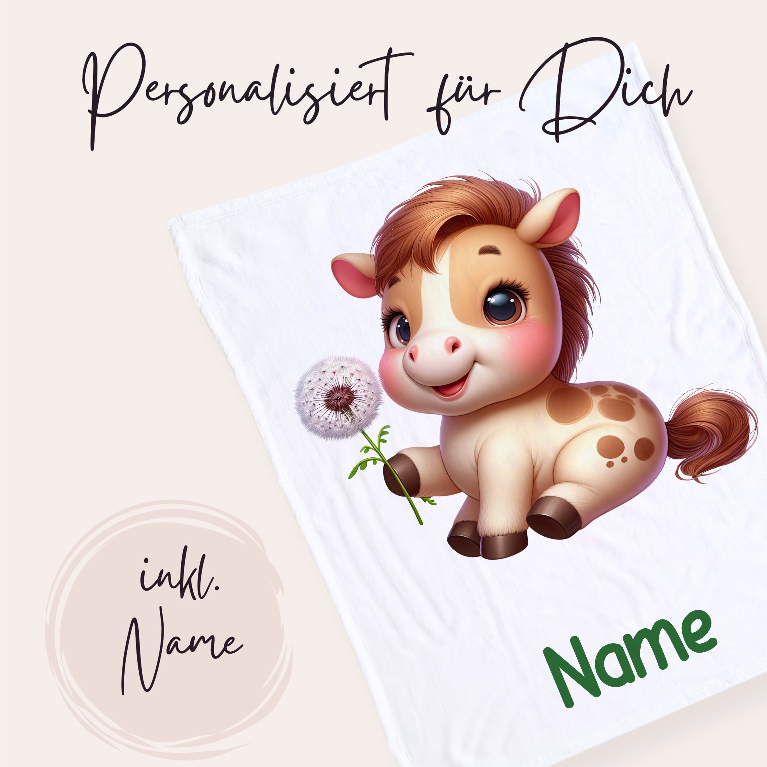 Personalisierte Decke mit niedlichem Pony und Name.