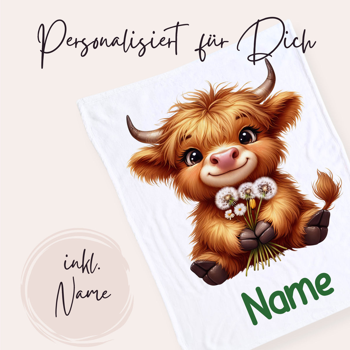 Personalisierte Decke mit niedlichem Highland-Rind und Namen.