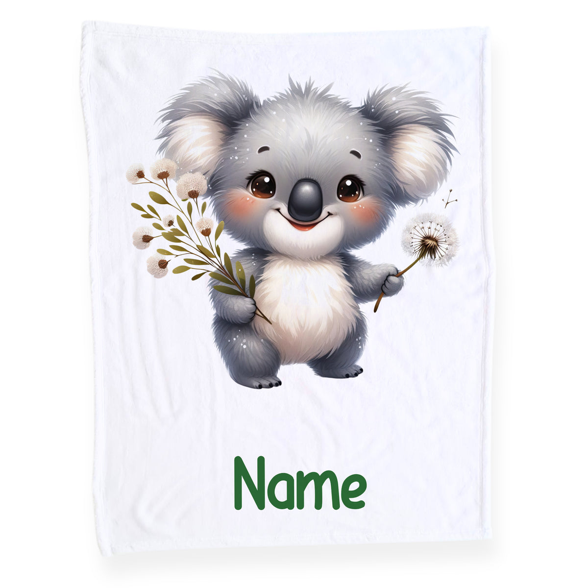 Kuscheldecke mit niedlichem Koala und personalisiertem Namen.