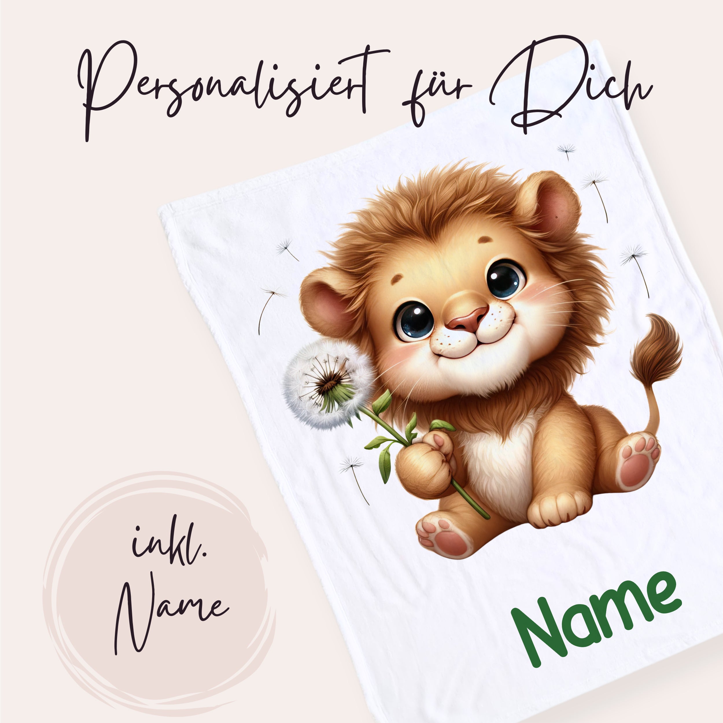 Personalisierte Kinderdecke mit Löwenmotiv und Name.