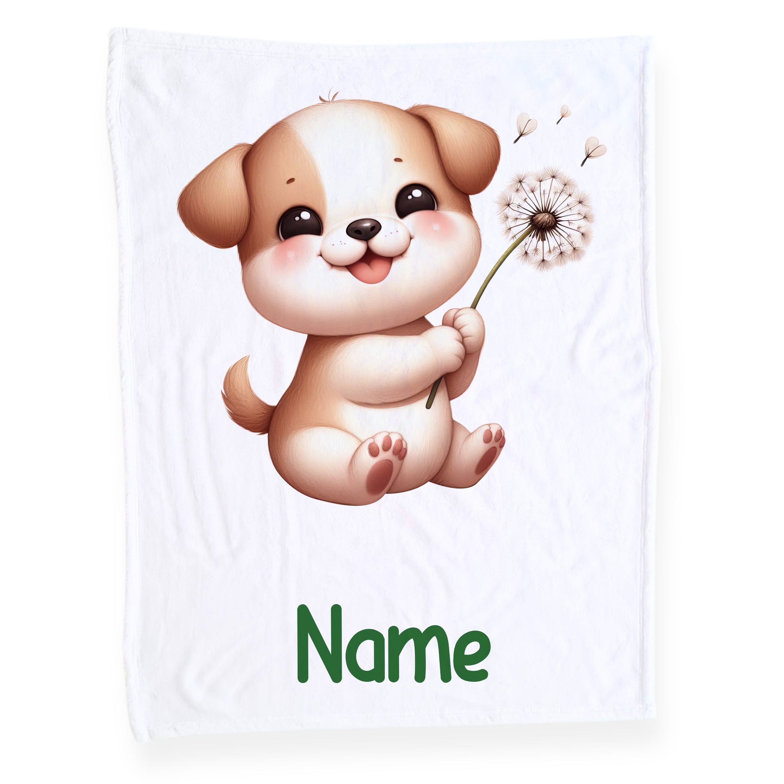 Kuscheldecke mit niedlichem Hund und personalisierbarem Namen.