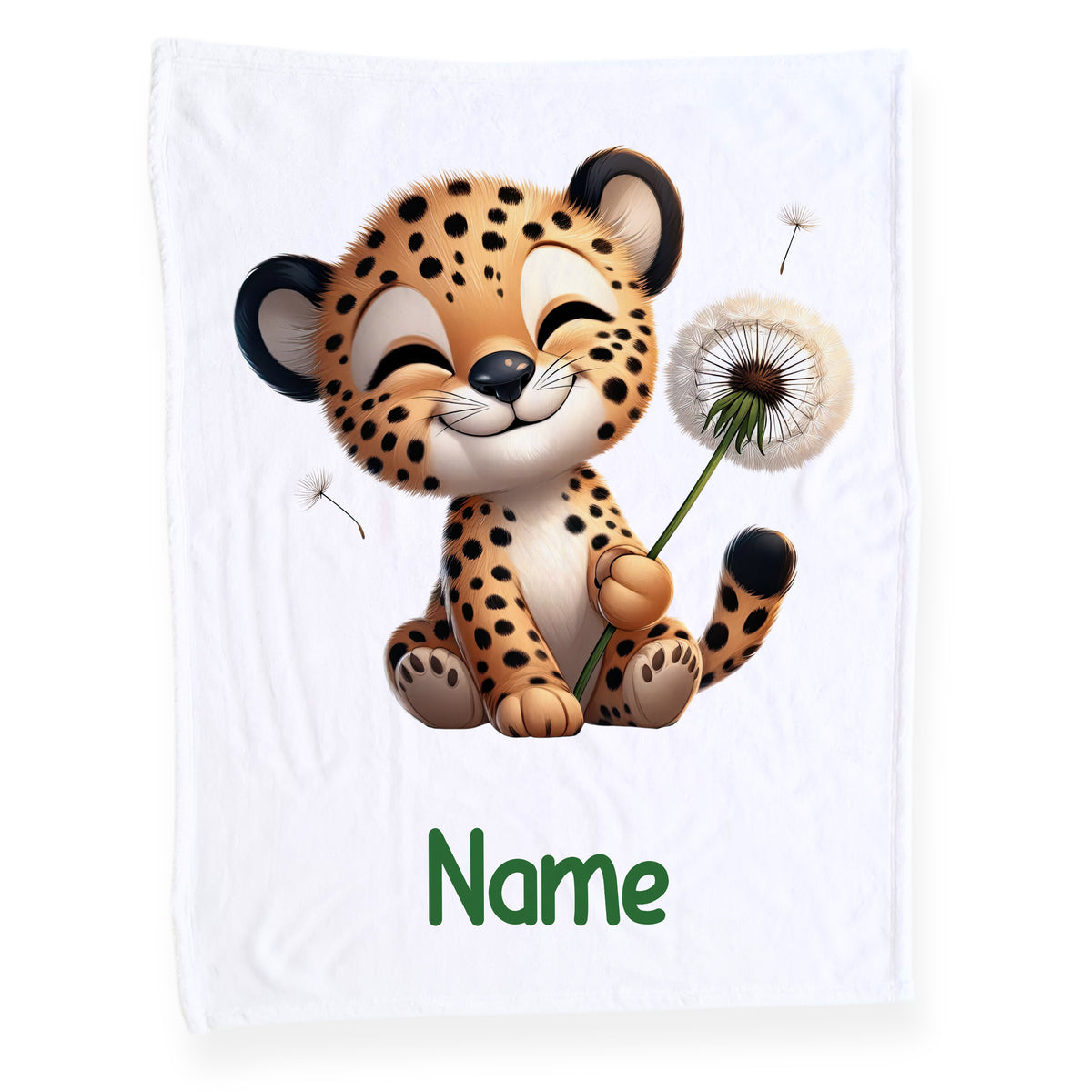 Kuscheldecke mit niedlichem Leoparden und Löwenzahn.