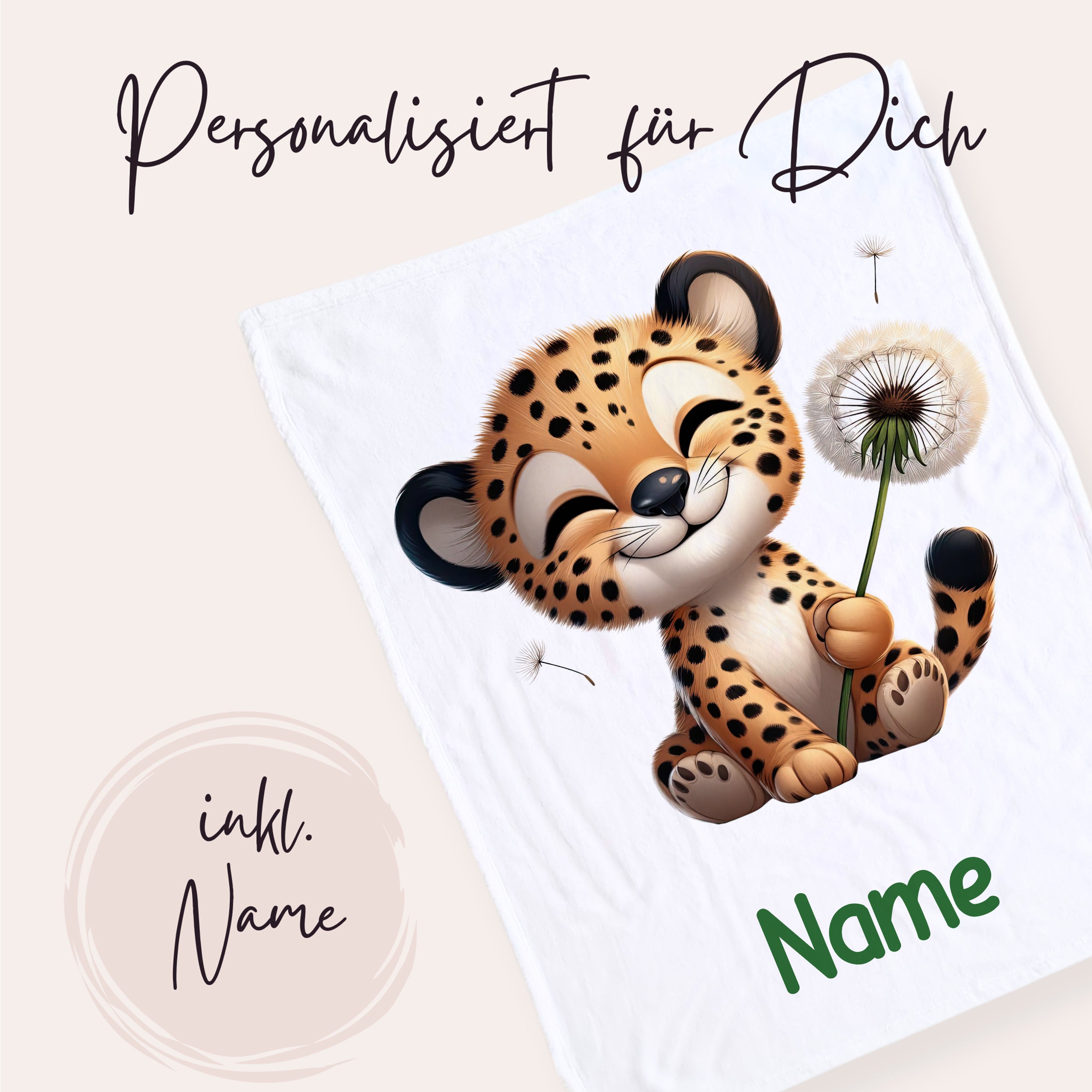 Leoparden-Kissenbezug mit personalisiertem Namen und Pusteblume.