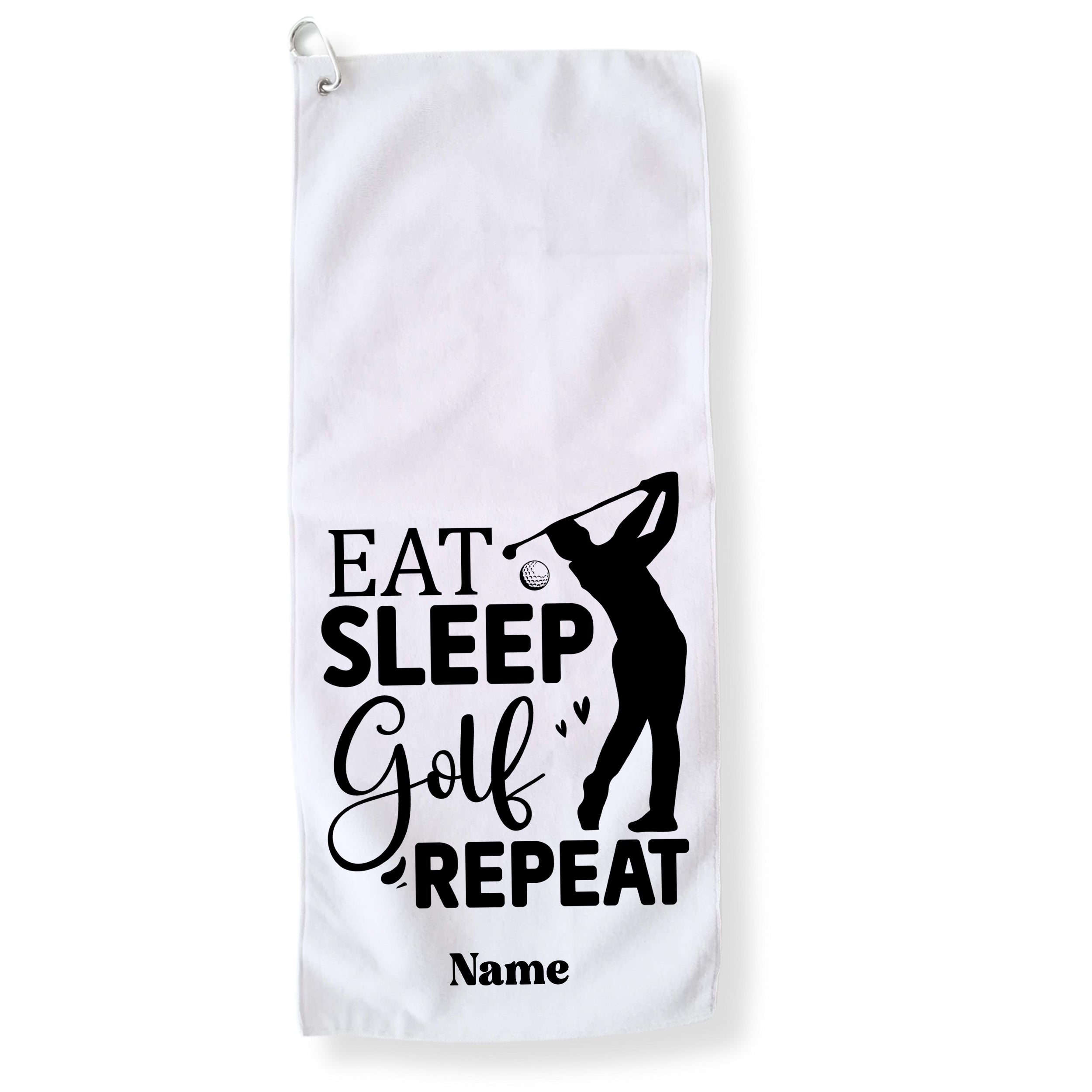 Weißes Golfhandtuch mit schwarzem Aufdruck "EAT SLEEP Golf REPEAT".