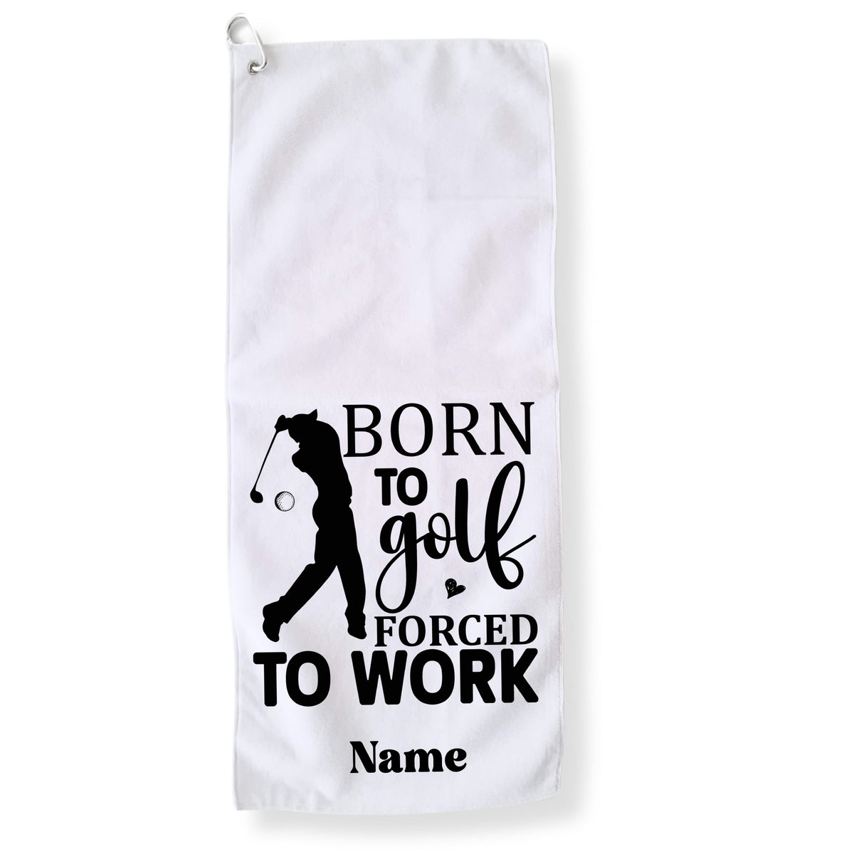 Weißes Golfhandtuch mit schwarzem Druck und personalisierbarem Namen.