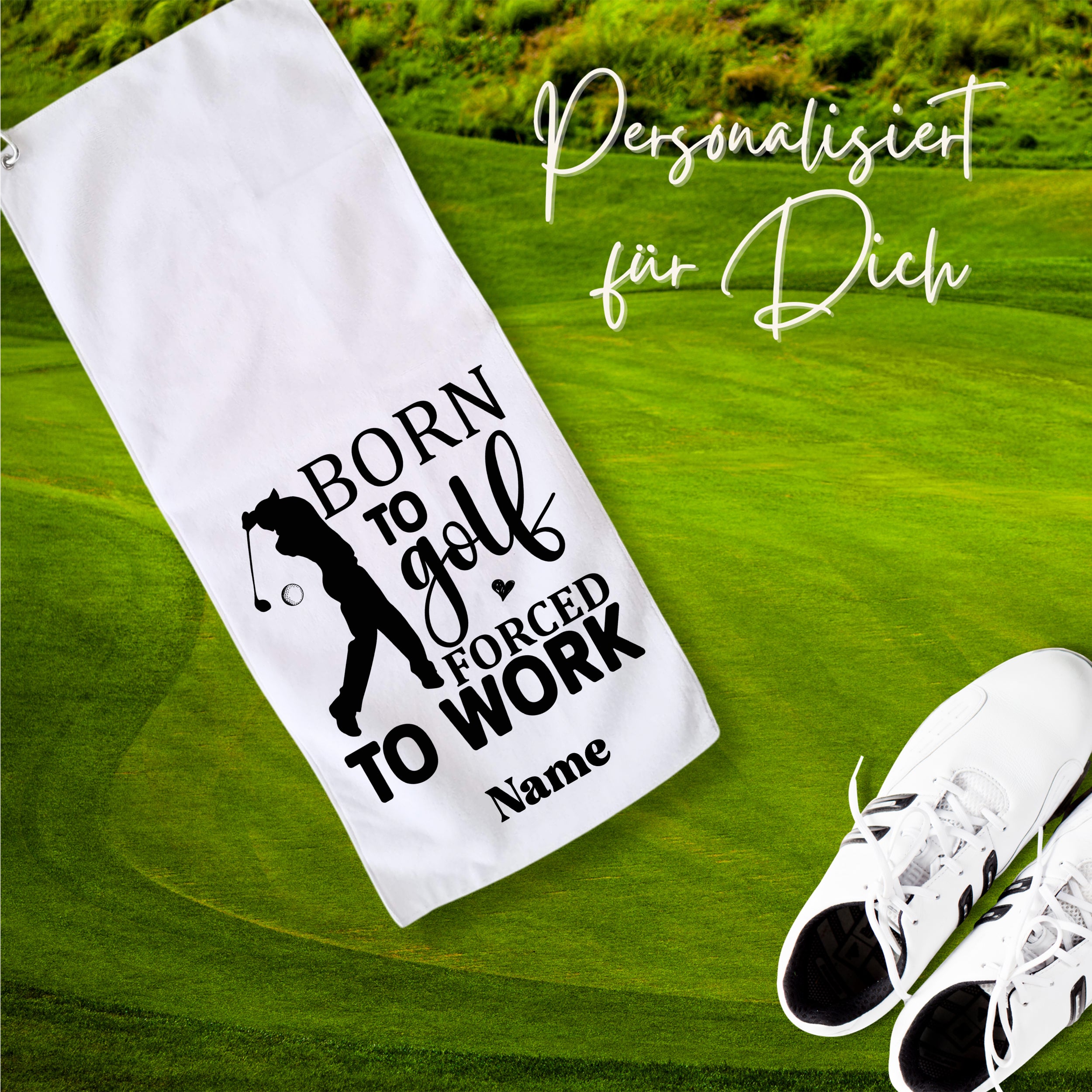 Weißes Golfhandtuch mit schwarzem Druck, personalisierbar.