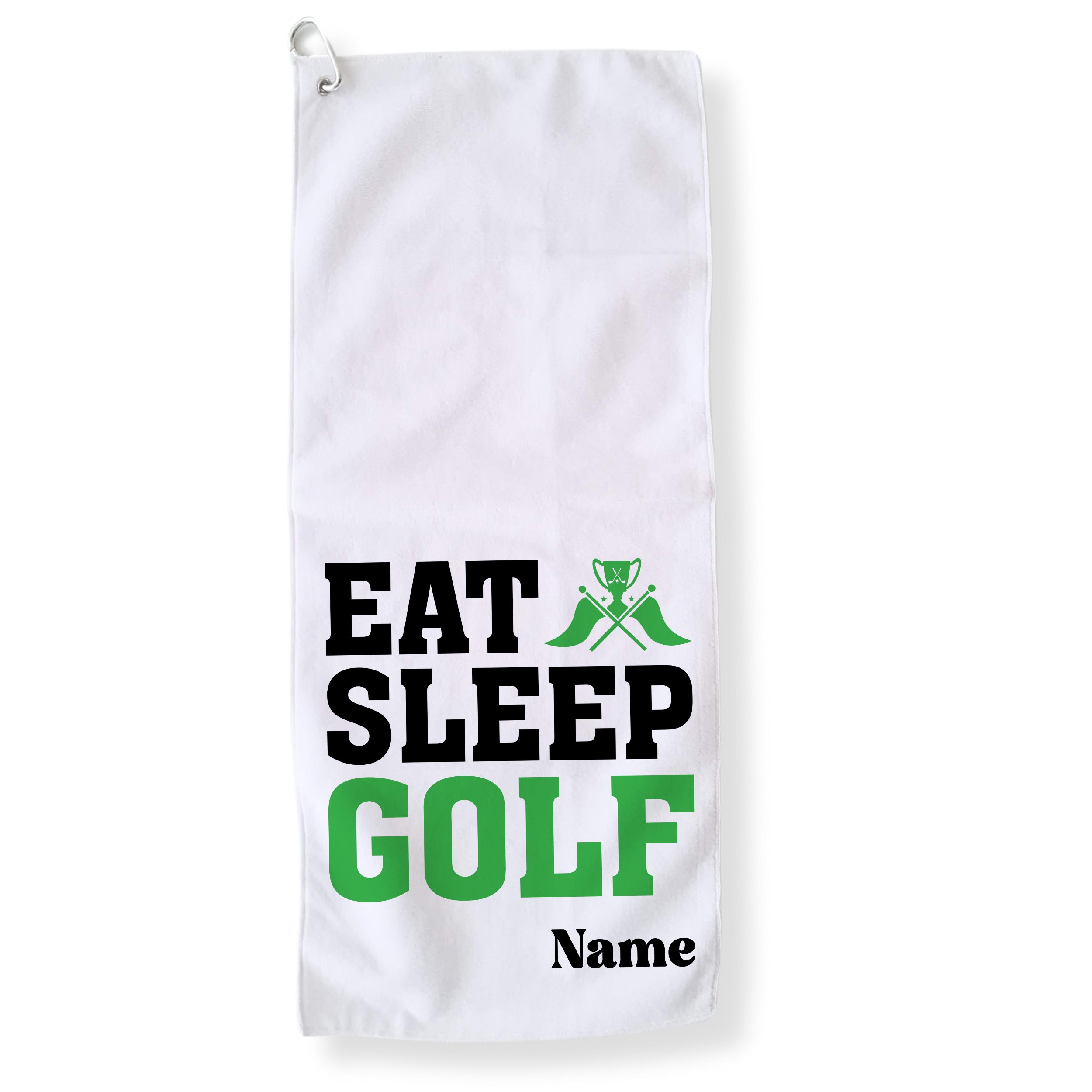 Weißes Golfhandtuch mit schwarzem und grünem Aufdruck.