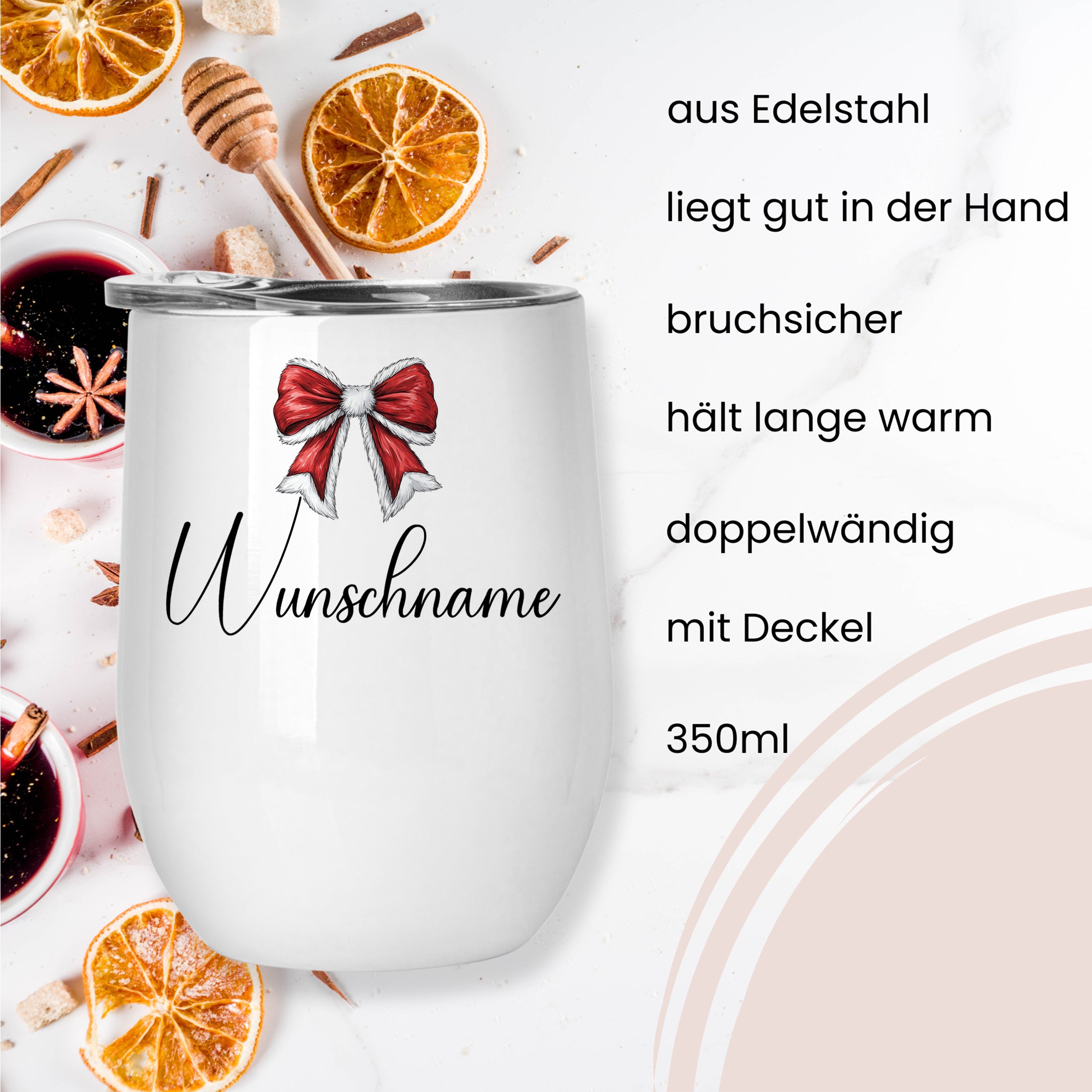 Edelstahlbecher mit rotem Schleifenmotiv und Deckel, 350ml.