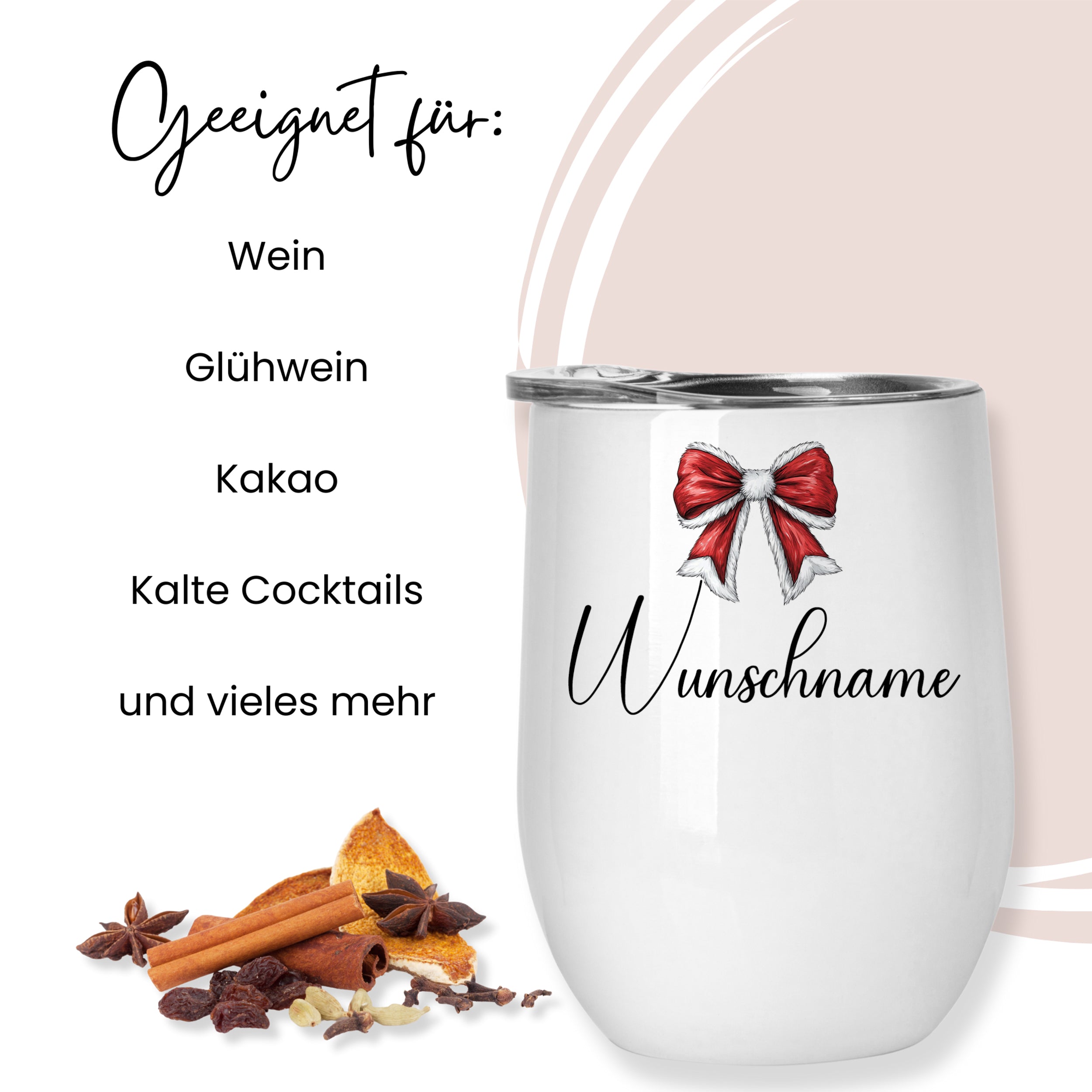 Weißer Becher mit rotem Schleifenmotiv, personalisierbar.