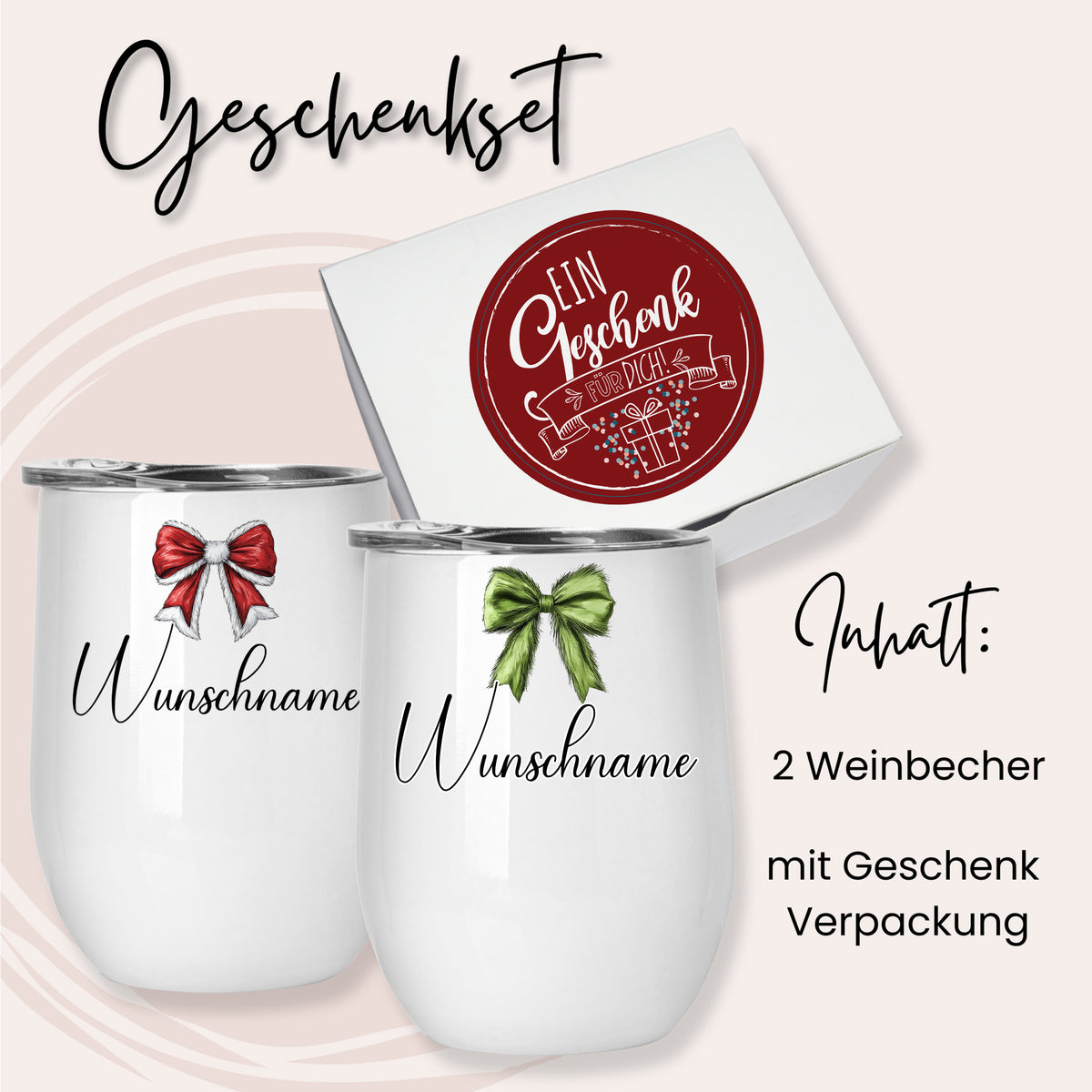 Geschenkset mit zwei weißen Weinbechern und Schleifen.