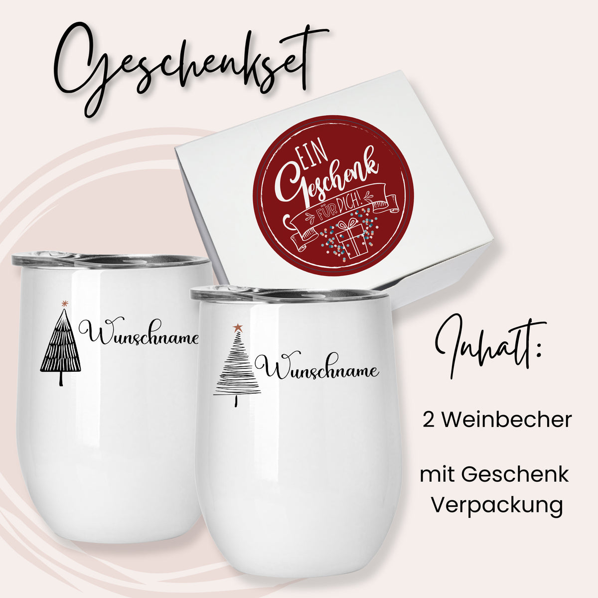 Geschenkset mit zwei weißen Weinbechern und Verpackung