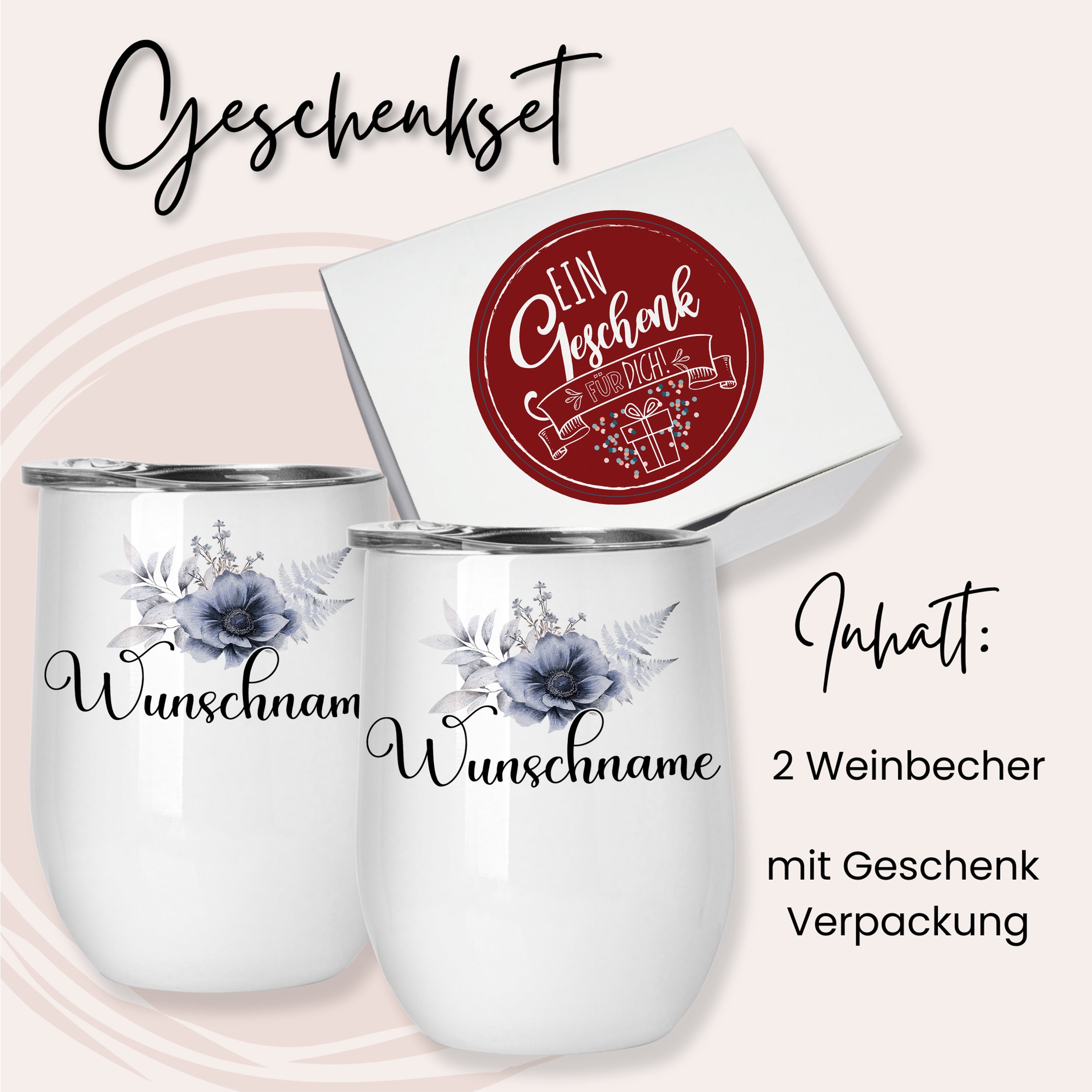 Geschenkset mit zwei weißen Weinbechern und Blumenmotiv.