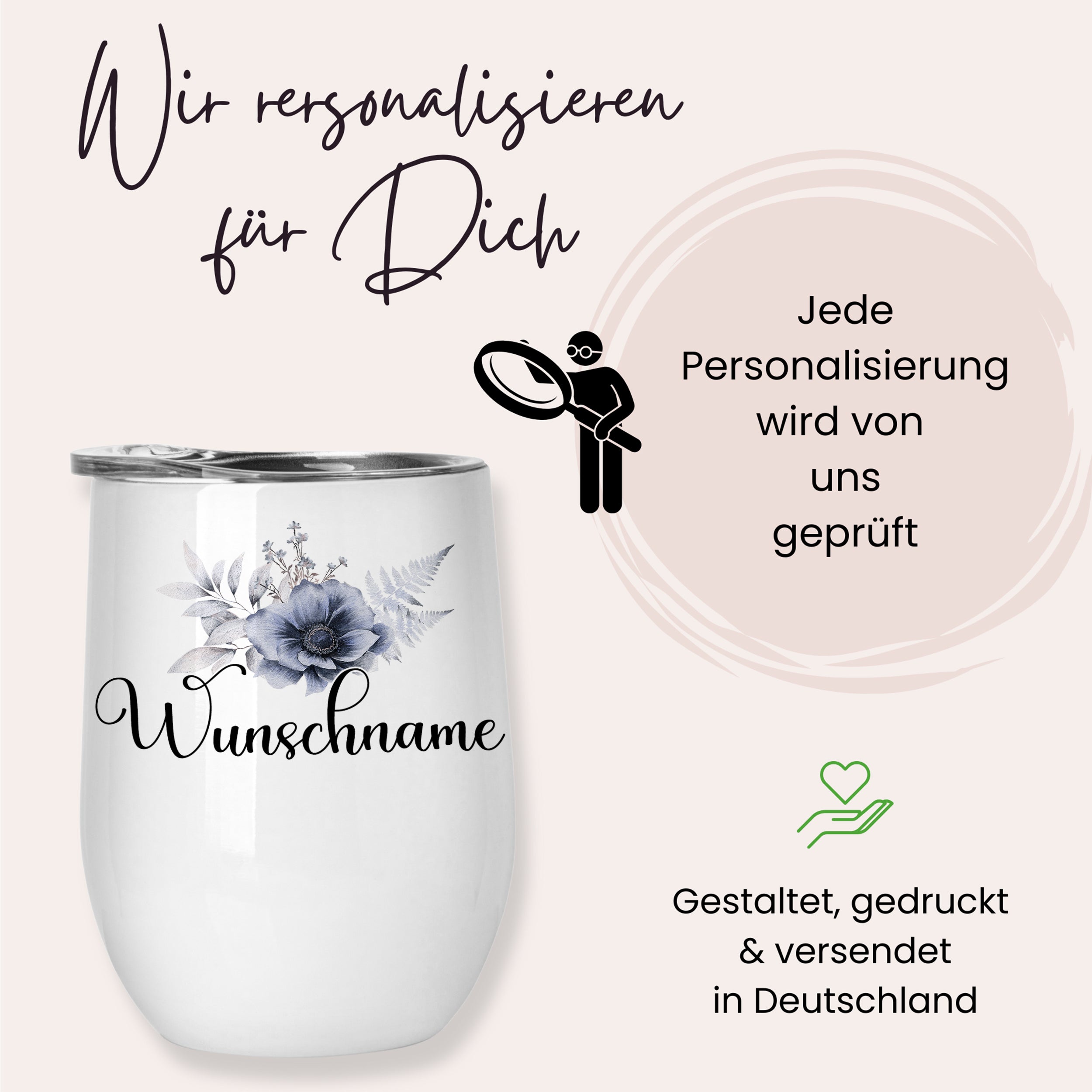 Weißer personalisierter Becher mit Blumen und Wunschname.