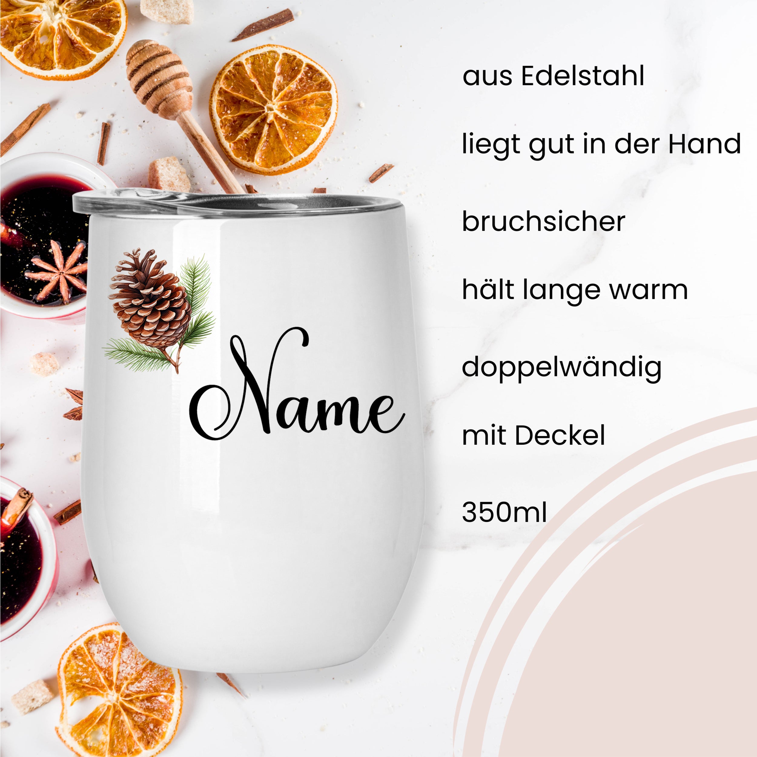 Edelstahlbecher mit Deckel, 350ml, personalisierbar.