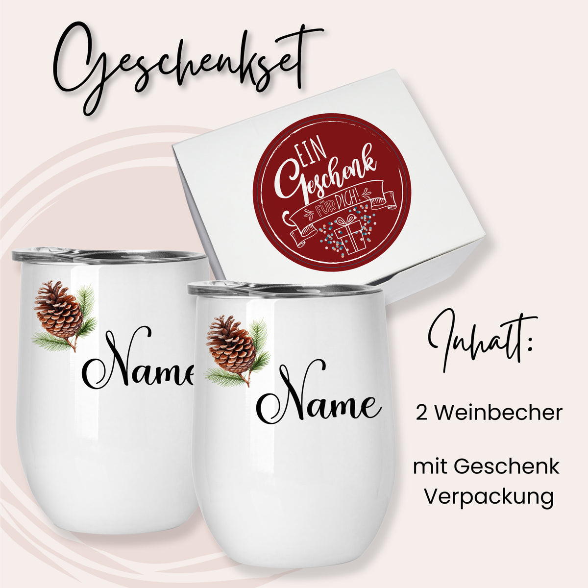 Geschenkset mit zwei weißen Weinbechern und Verpackung