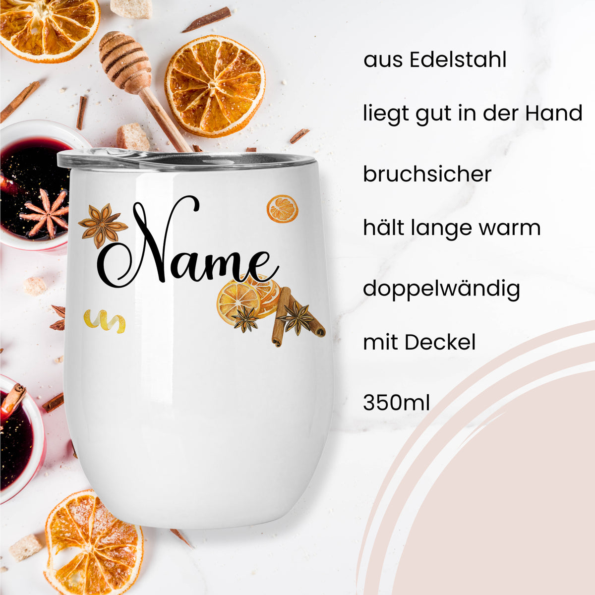 Edelstahlbecher, bruchsicher, doppelwandig, 350ml, mit Deckel.