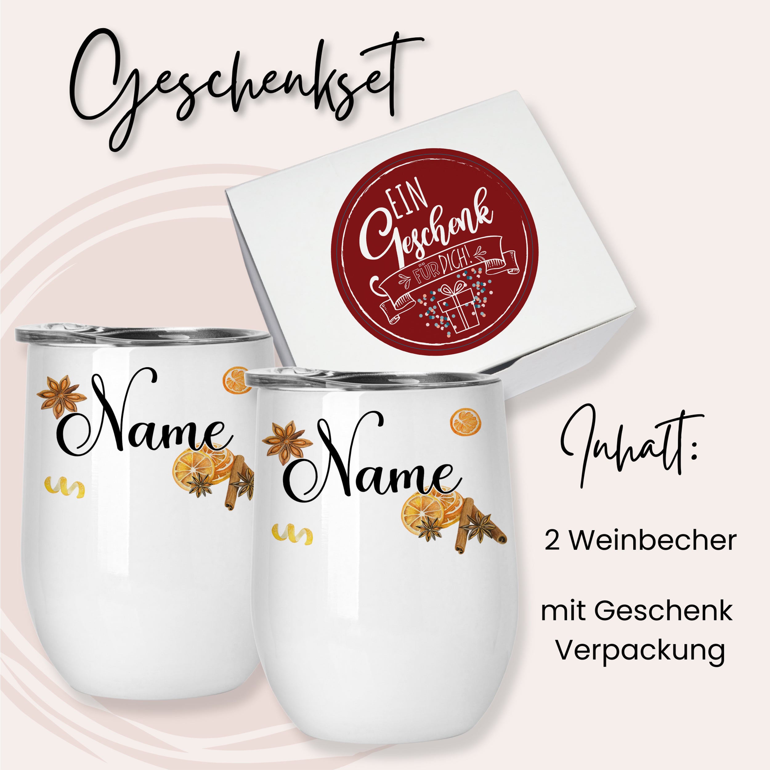 Geschenkset mit zwei weißen Weinbechern und Verpackung