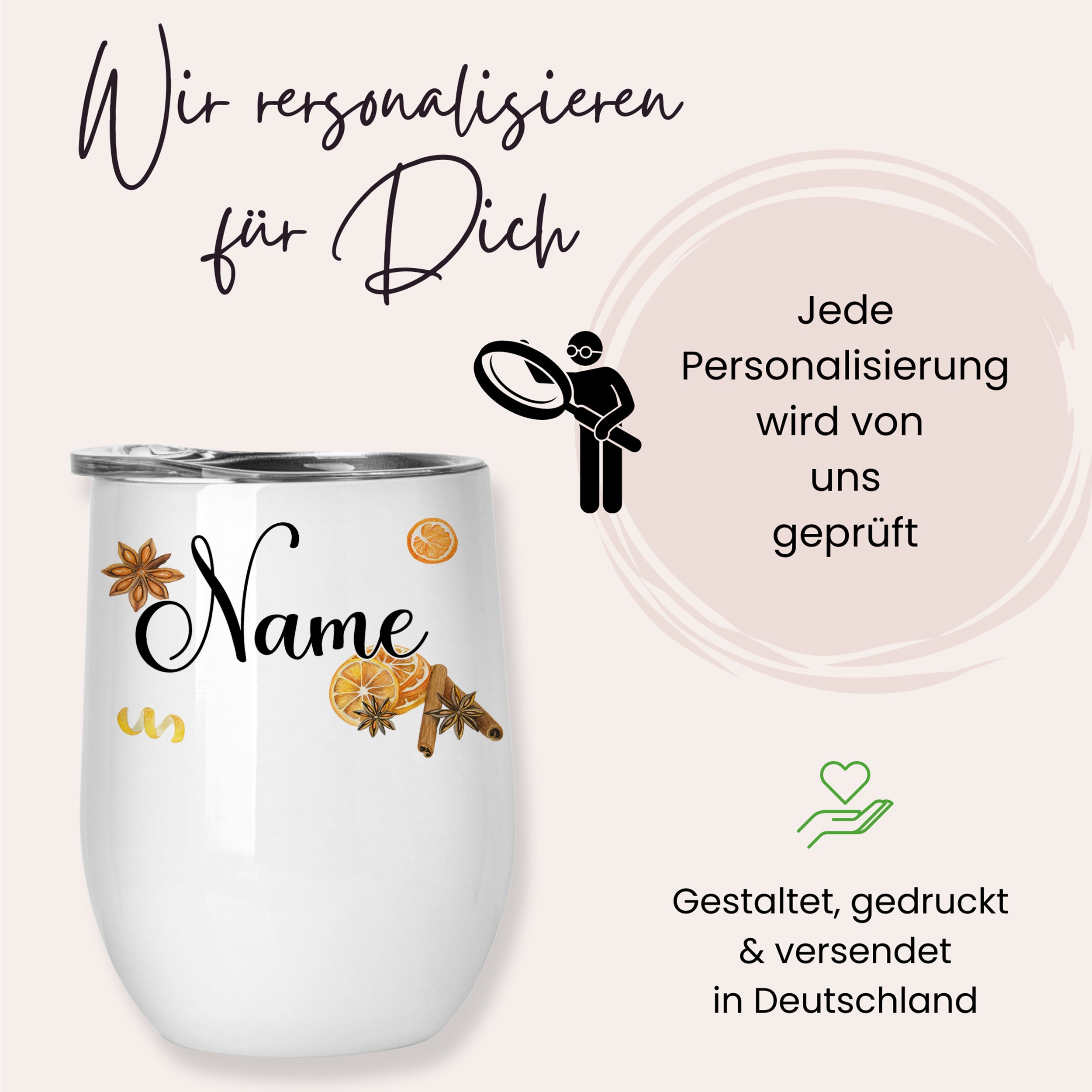Personalisierbarer, weißer Becher mit Dekoration und Name.