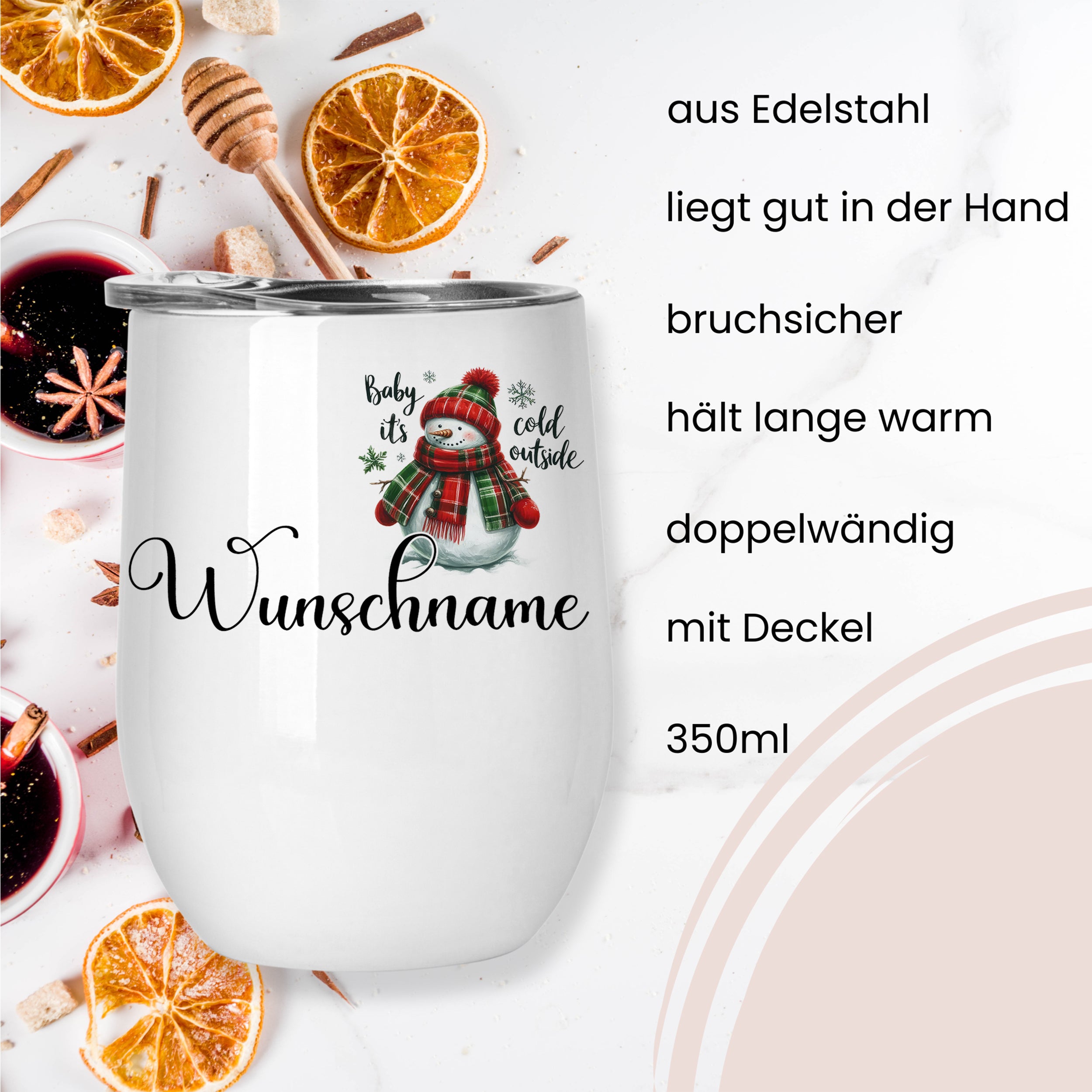 Edelstahlbecher mit Deckel, bruchsicher, 350ml, personalisierbar.