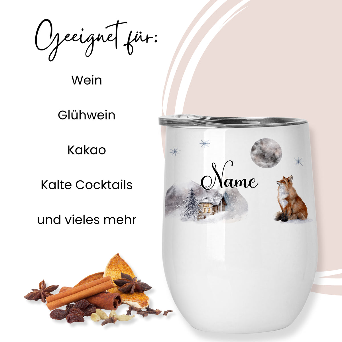 Weißer Becher mit Fuchs und winterlicher Landschaft.