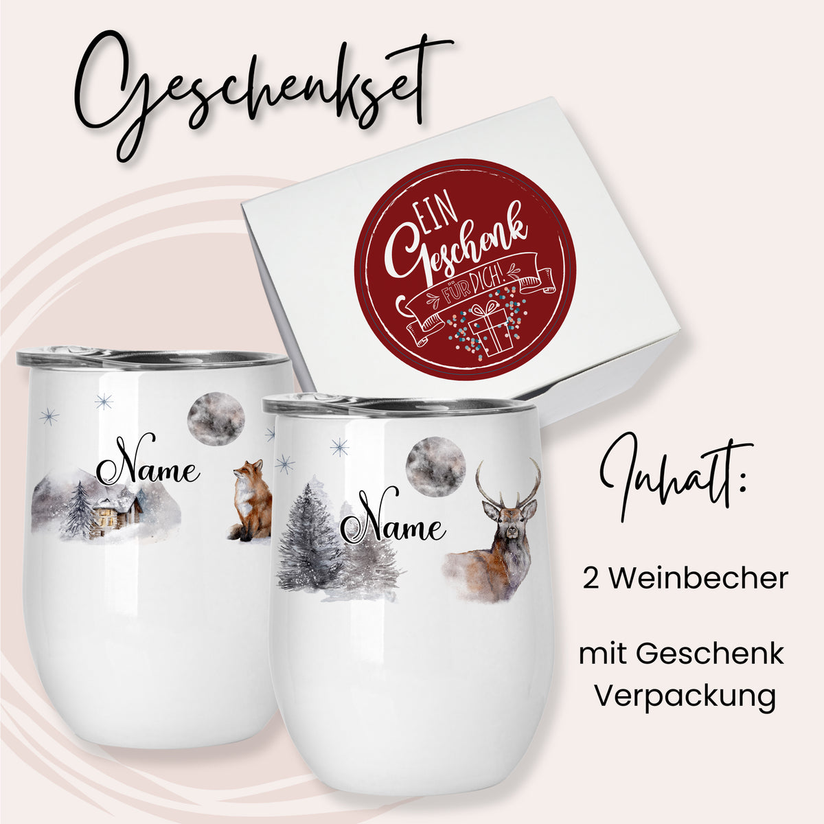 Geschenkset mit zwei weißen Weinbechern und Verpackung
