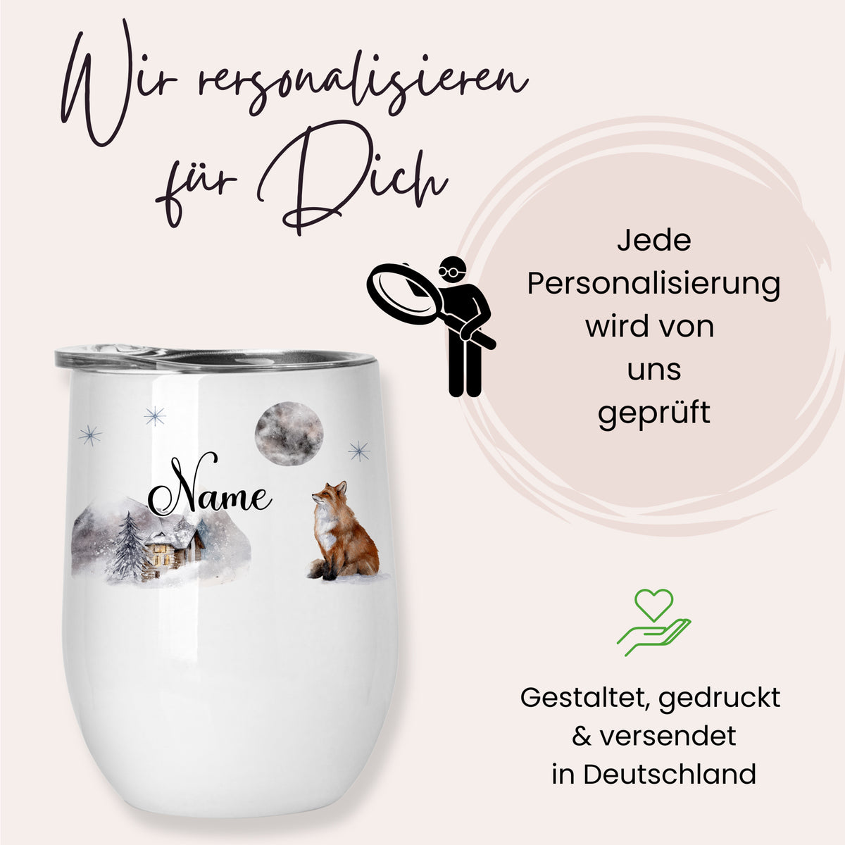 Personalisierbarer weißer Becher mit Fuchs und Winterlandschaft.