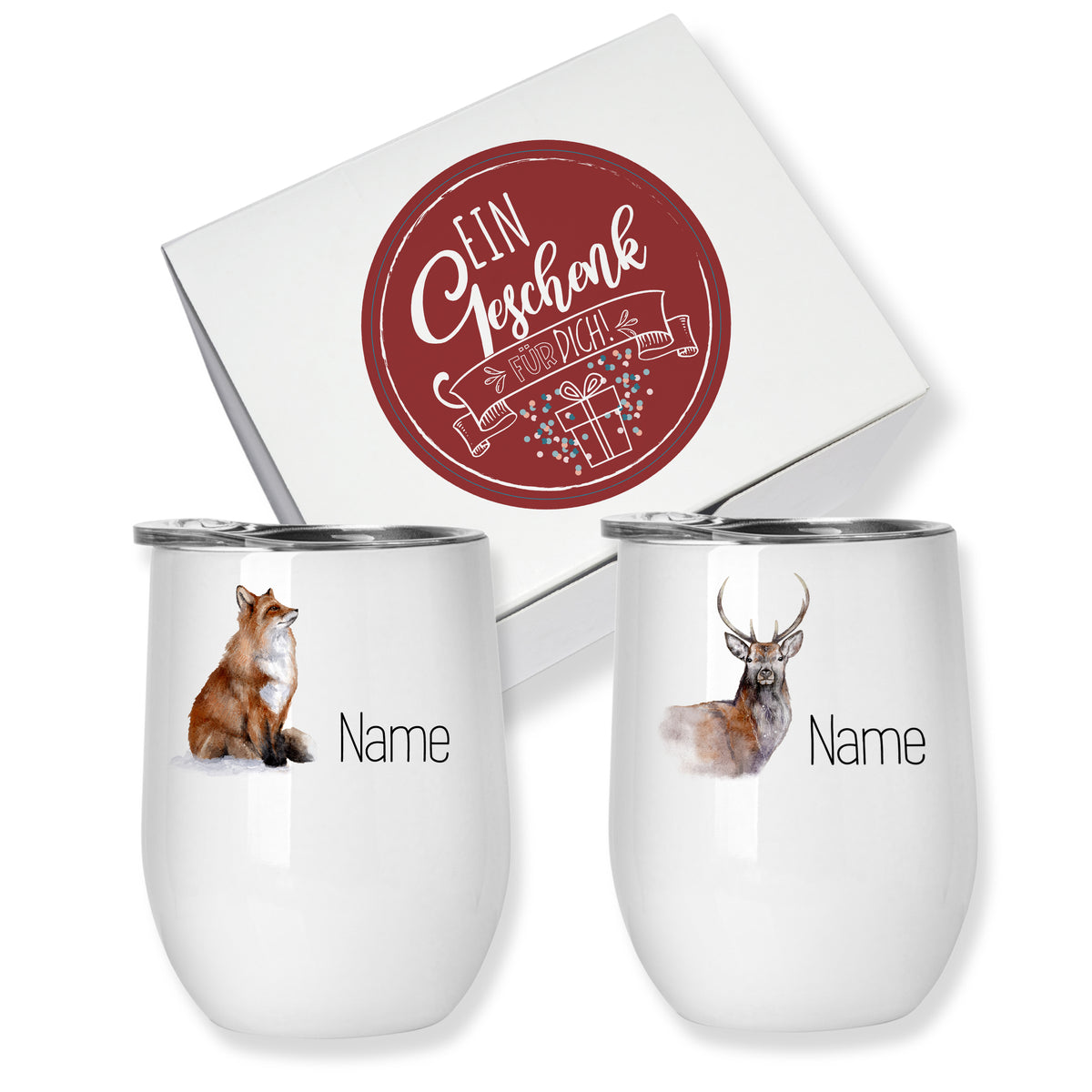Zwei weiße Tassen mit Tiermotiven, Geschenkbox.