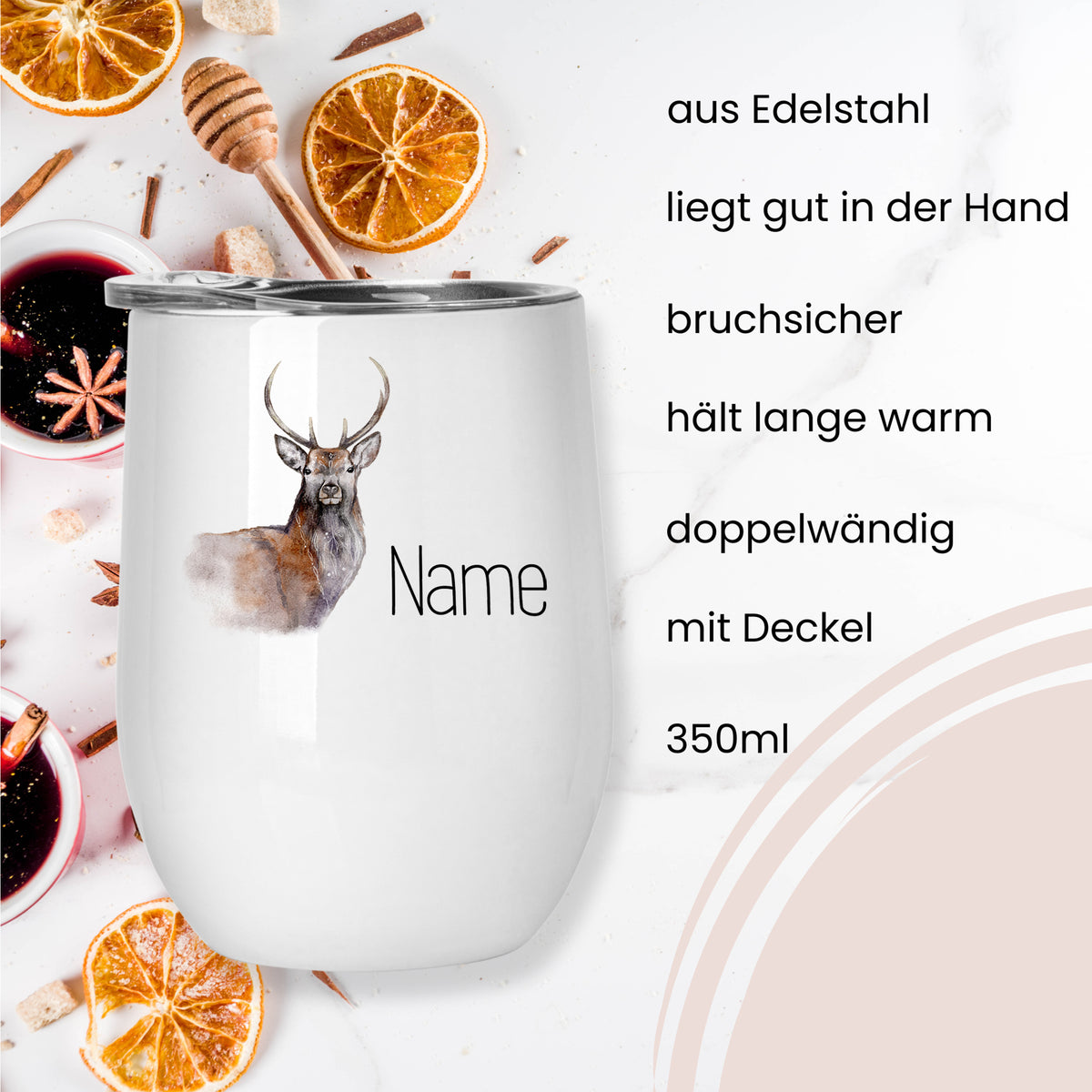 Edelstahlbecher mit Hirschmotiv, 350ml, bruchsicher, doppelwandig.