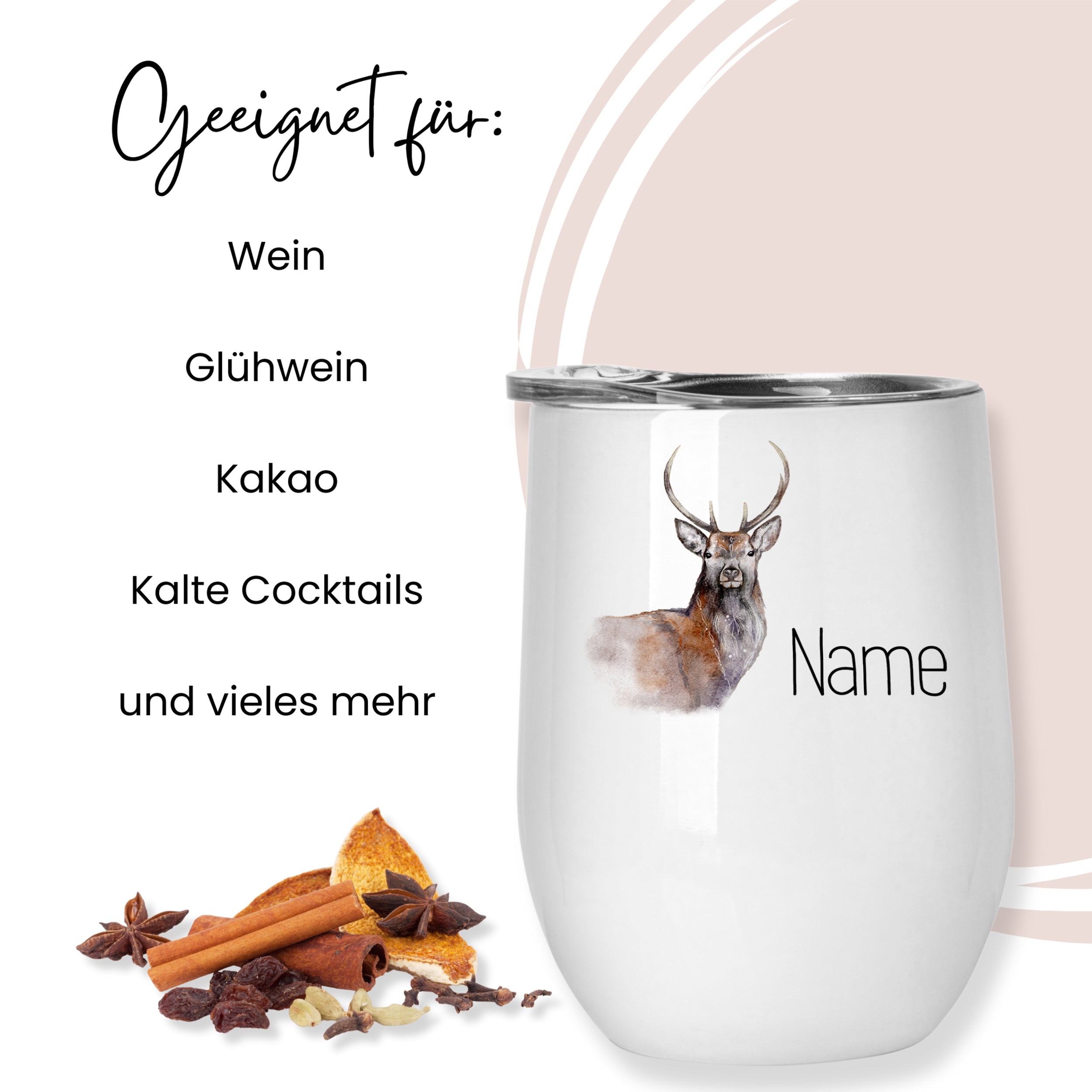 Weißer Becher mit Hirschmotiv, geeignet für verschiedene Getränke.