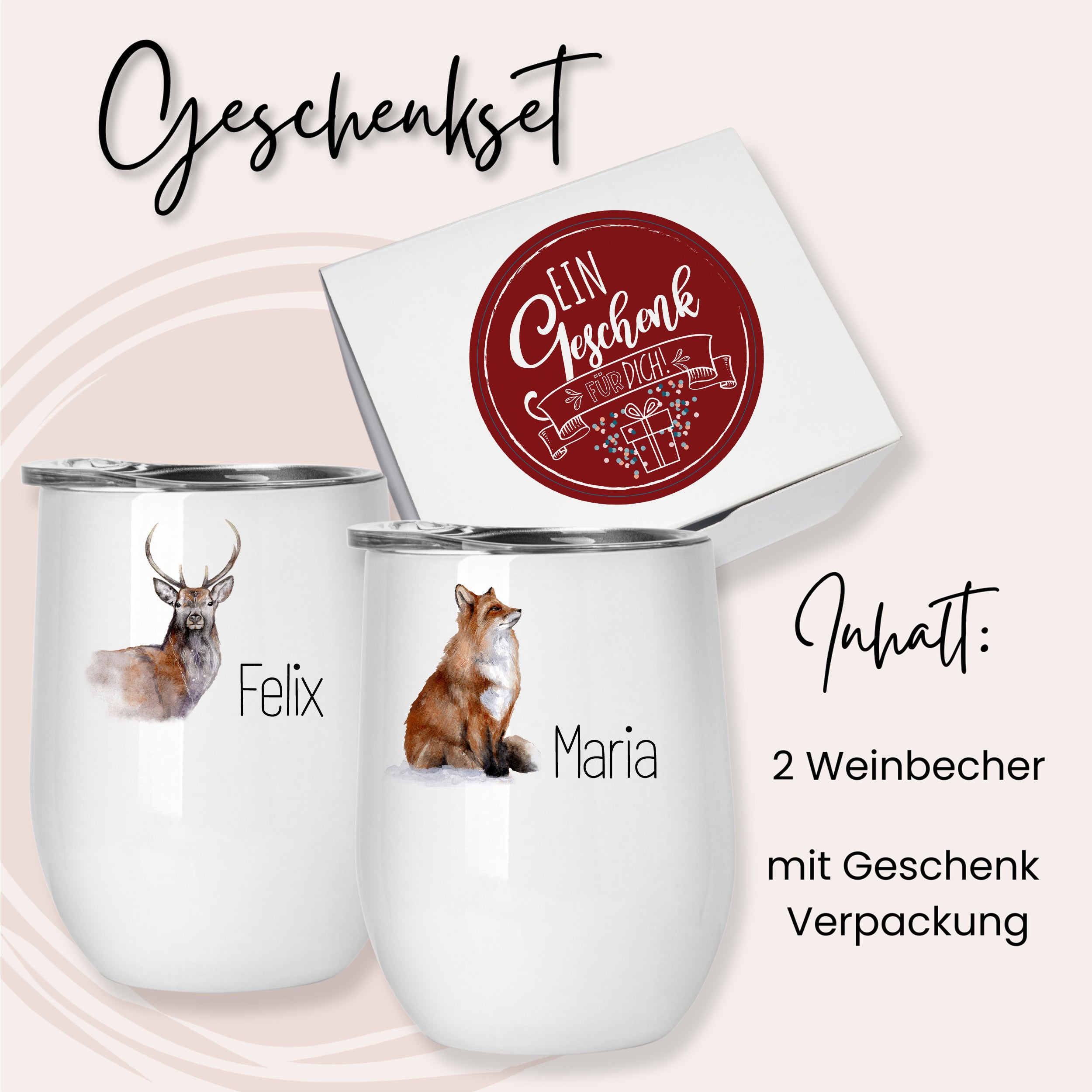 Geschenkset mit zwei weißen Weinbechern, Tiermotiven.