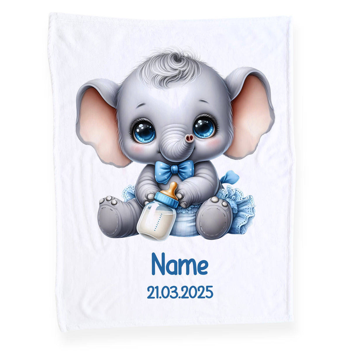 Graue Baby-Elefantdecke mit Flasche und personalisiertem Text.