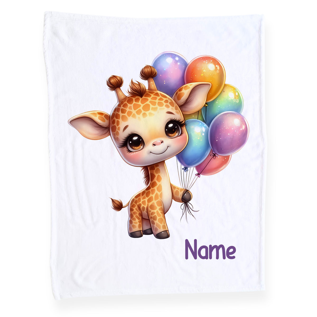 Kuscheldecke mit niedlicher Giraffe und bunten Ballons.