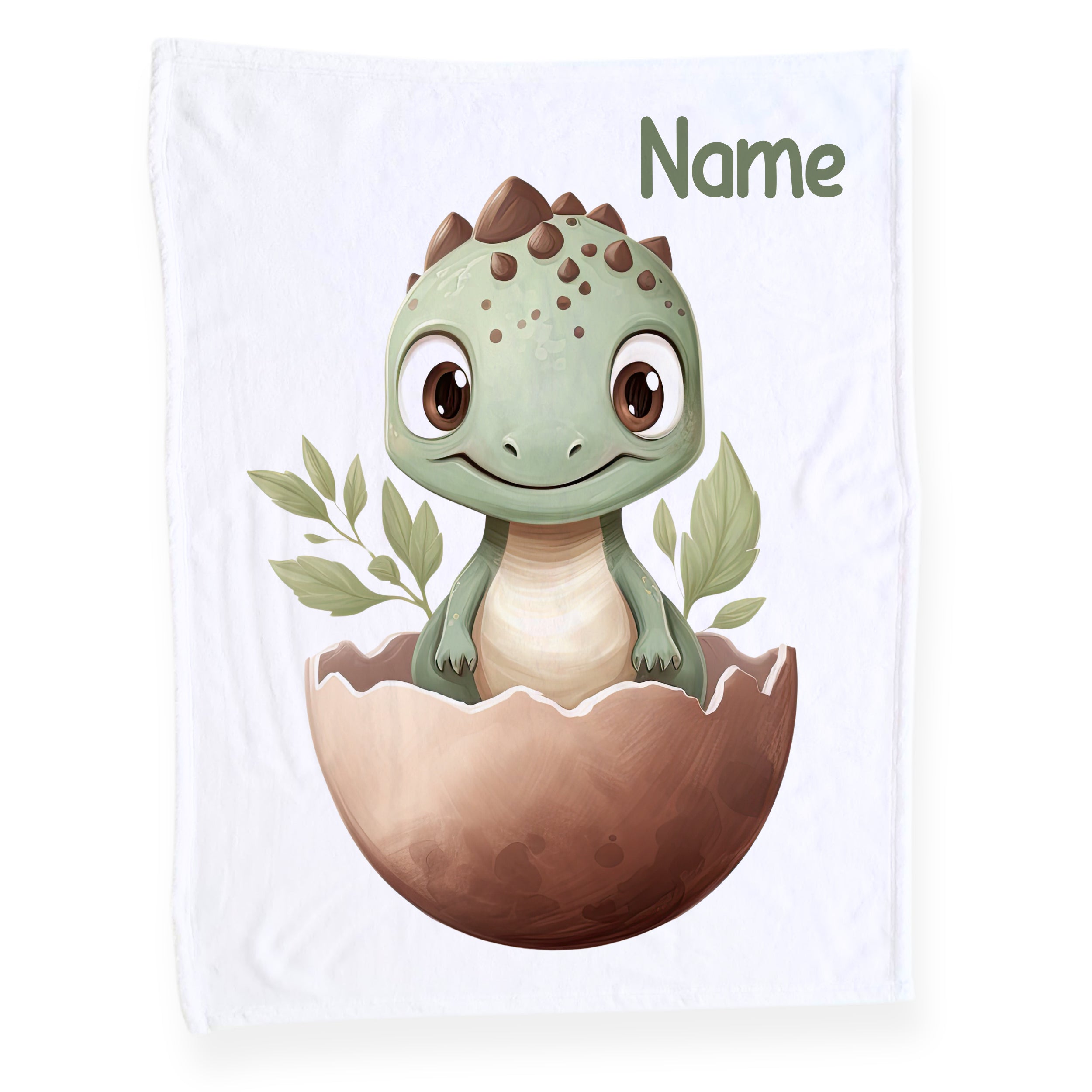 Grüner Dinosaurier im Ei mit Blättern, personalisierbar.