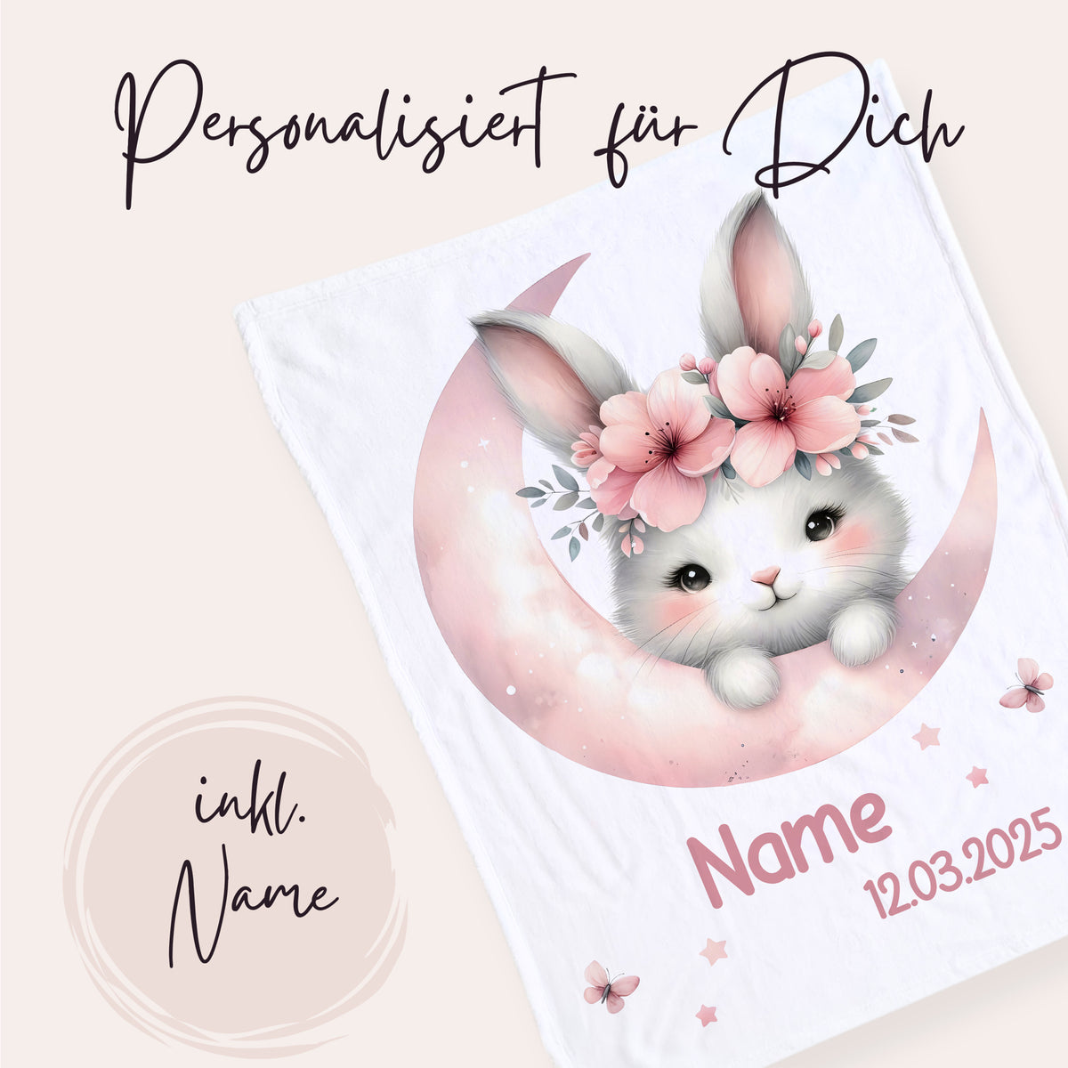 Personalisierte Babydecke mit niedlichem Hasen und Blumen.