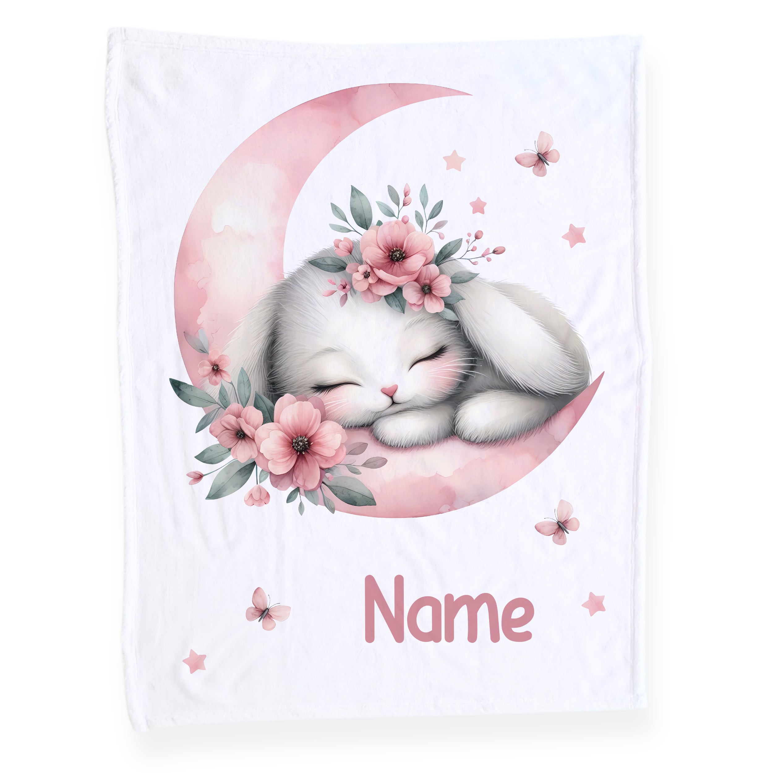Kuscheldecke mit schlafendem Hasen, rosa Blumen und Mondmotiv.
