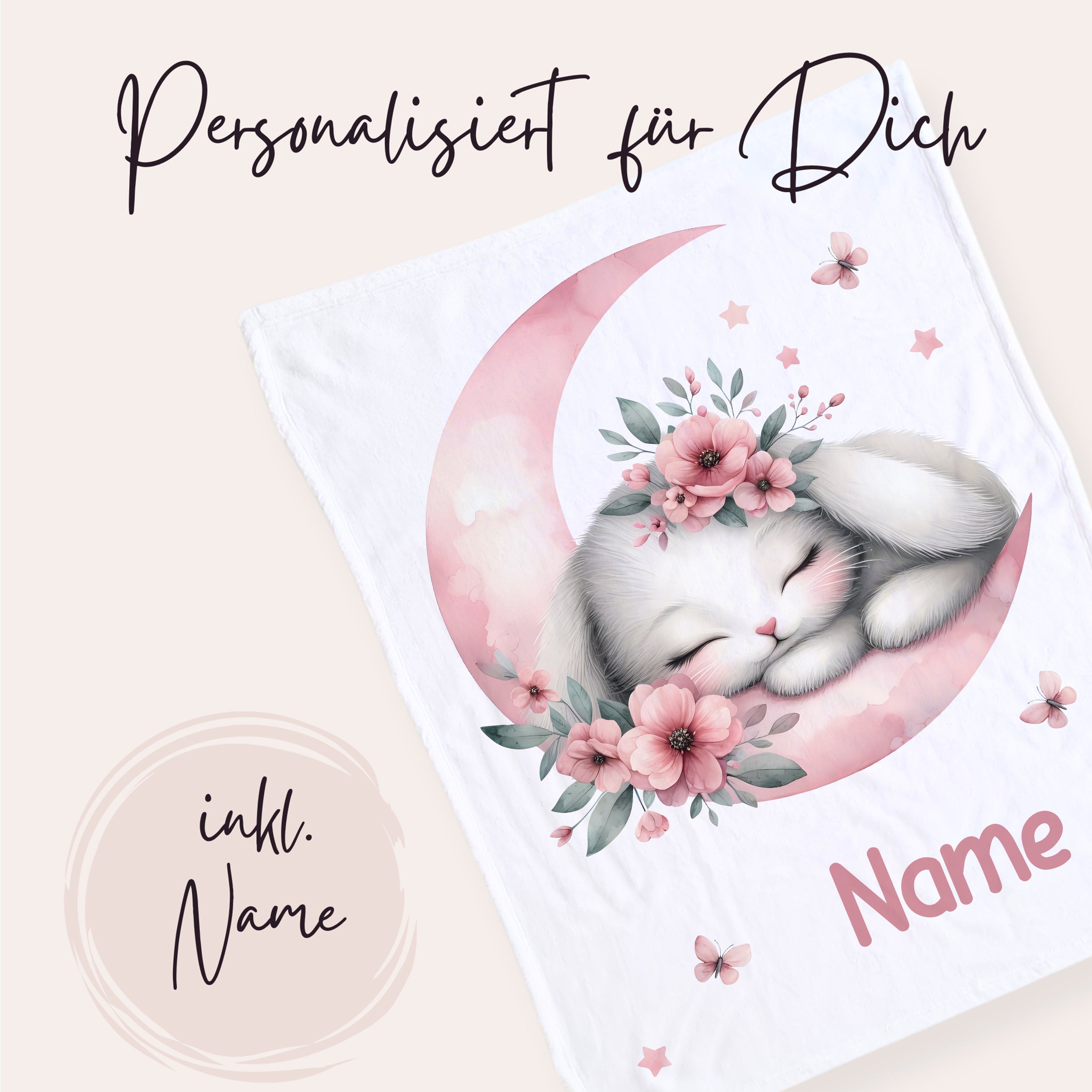 Personalisierte Decke mit schlafender Katze und Blumen.